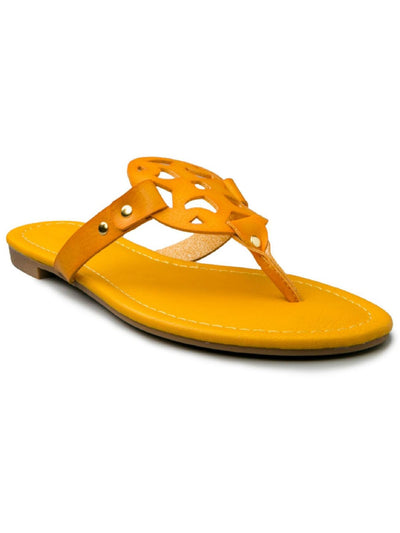 SUGAR Womens Yellow Laser Cutout Detail Padded Studded Clarissa Round Toe Slip On Thong Sandals Shoes 8 M