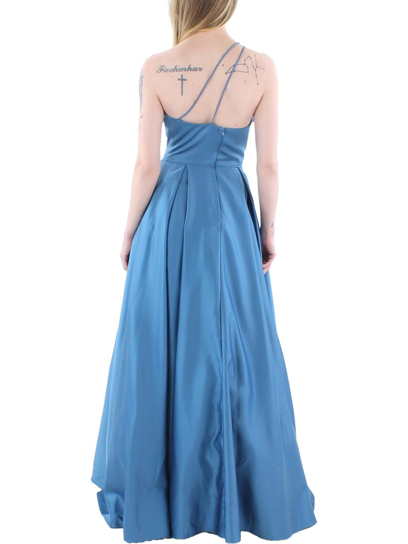 BLONDIE NITES Womens Blue Zippered Pocketed Pleated Lined Tulle Sleeveless Asymmetrical Neckline Full-Length Formal Gown Dress 5