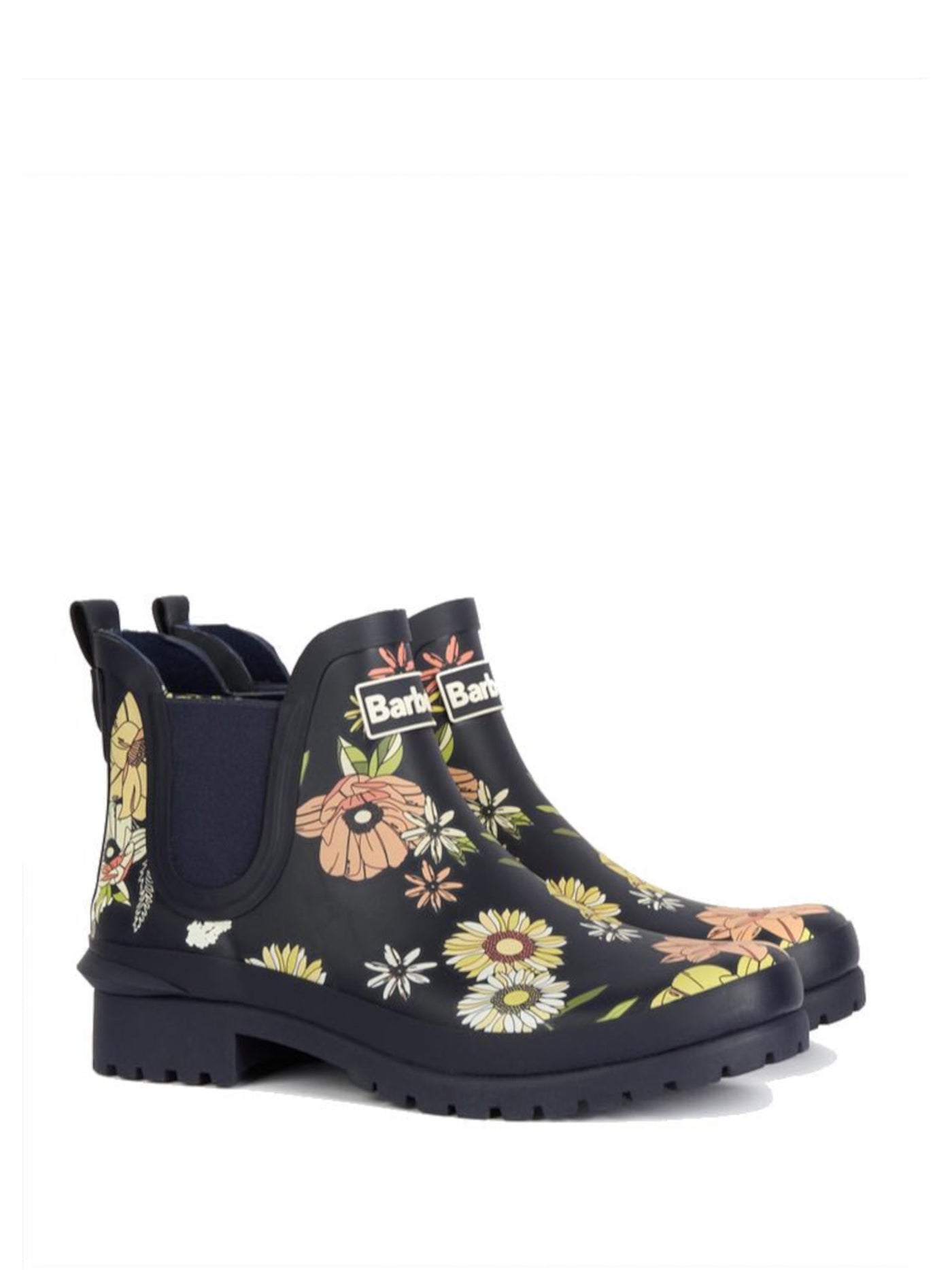 BARBOUR Womens Navy Floral Lug Sole Goring Padded Waterproof Slip Resistant Wilton Wellington Round Toe Block Heel Rain Boots 3