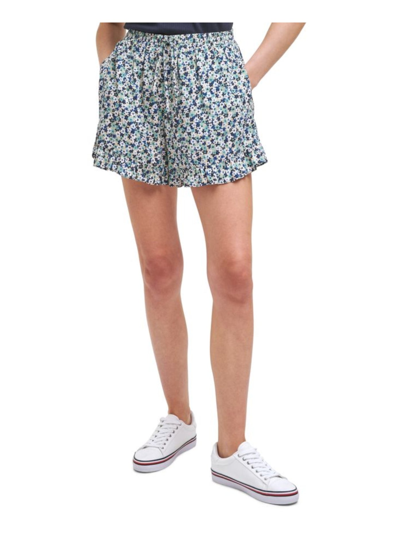 TOMMY JEANS Womens Blue Stretch Ruffled Pocketed Elastic Drawstring Waist Pull-on Floral High Waist Shorts S