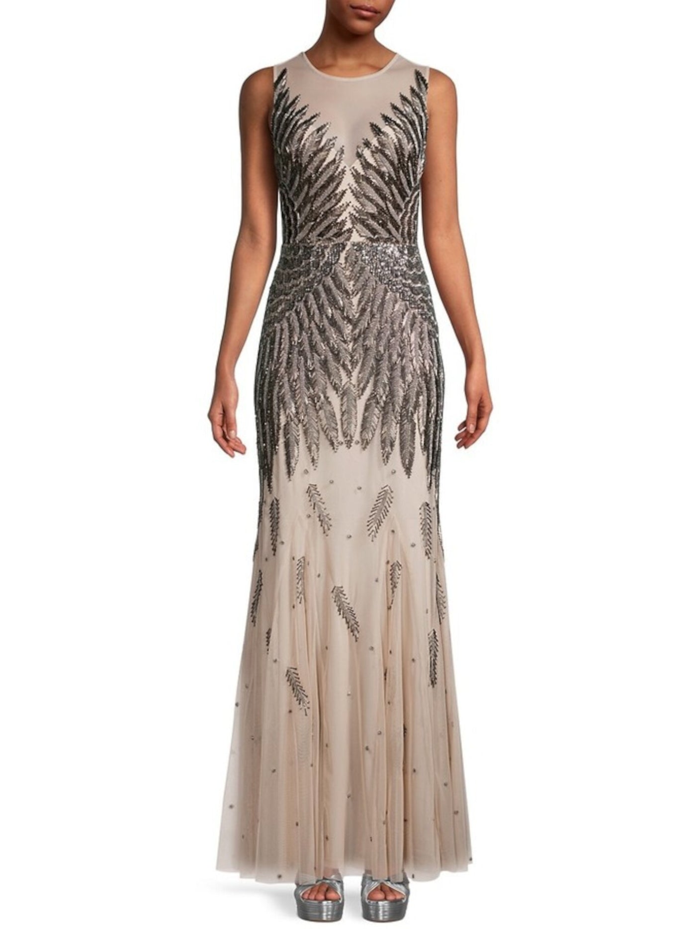 AIDAN AIDAN MATTOX Womens Beige Beaded Zippered Lined Sleeveless Illusion Neckline Full-Length Formal Mermaid Dress 4