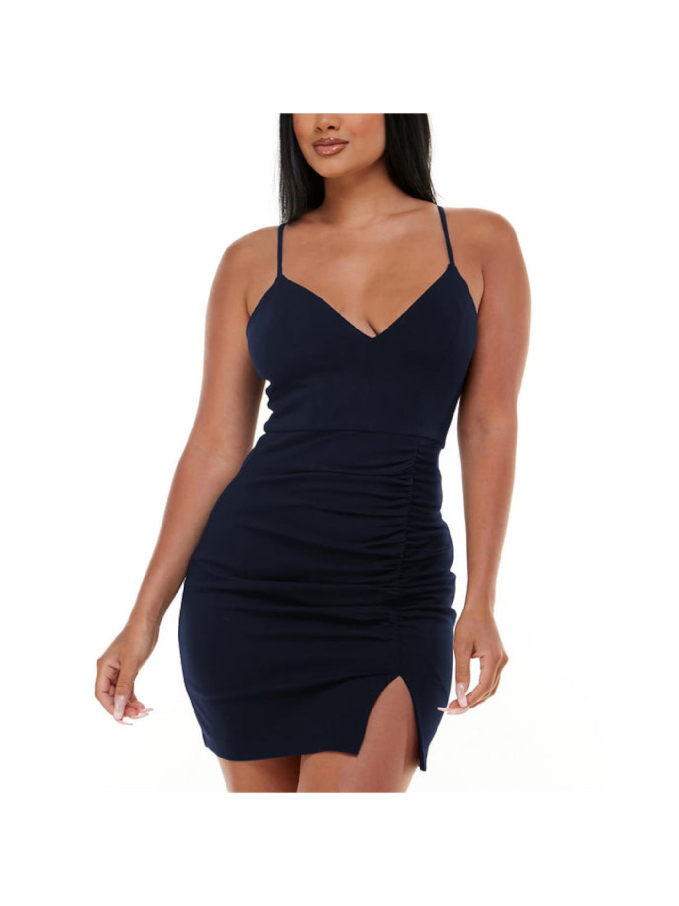 EMERALD SUNDAE Womens Navy Ruched Slitted Adjustable Zippered Lined Spaghetti Strap V Neck Mini Party Body Con Dress M