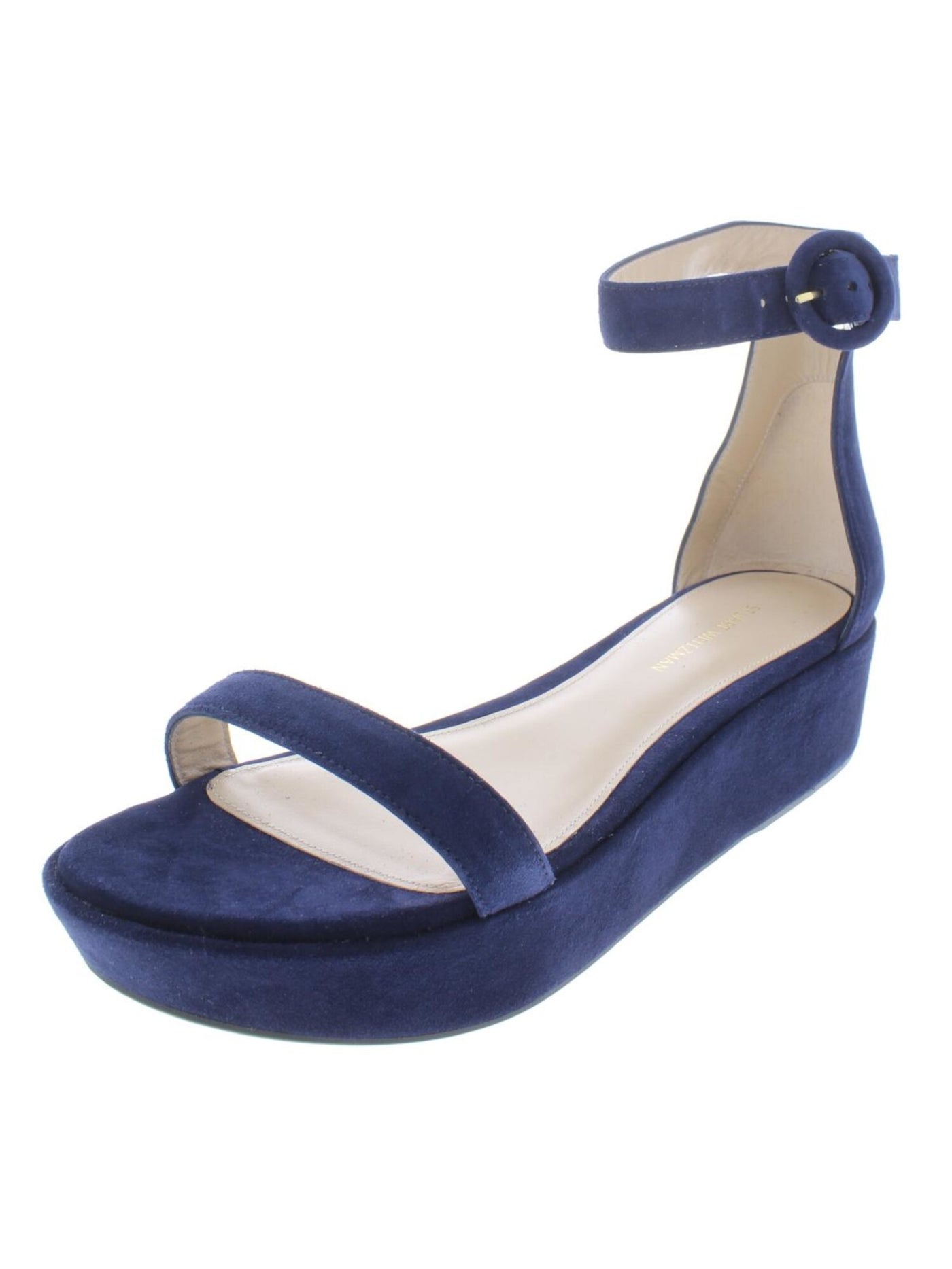 STUART WEITZMAN Womens French Navy Cutout 1-1/2" Platform Ankle Strap Adjustable Strap Capri Open Toe Platform Buckle Suede Dress Sandals Shoes 7.5 M