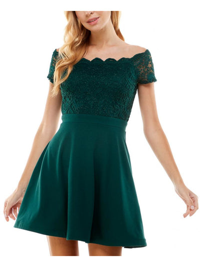 CITY STUDIO Womens Green Scalloped Pocketed Corset-laced Back Zippered Short Sleeve Off Shoulder Short Party Fit + Flare Dress Juniors 7\8