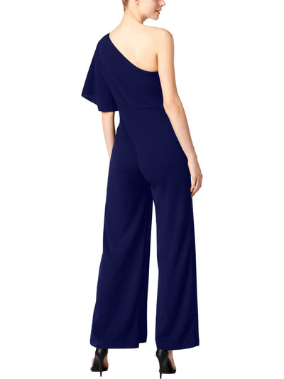 ADRIANNA PAPELL Womens Navy Ruffled One Shoulder Kimono Sleeve Asymmetrical Neckline Party Wide Leg Jumpsuit 16