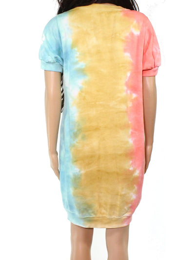 ULTRA FLIRT Womens Gold Jersey Ribbed Pocketed Tie Dye Pouf Sleeve Crew Neck Mini Sweatshirt Dress M