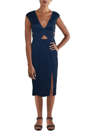 AIDAN AIDAN MATTOX Womens Blue Stretch Cut Out Zippered Front Side Slit Sleeveless V Neck Midi Cocktail Sheath Dress 2