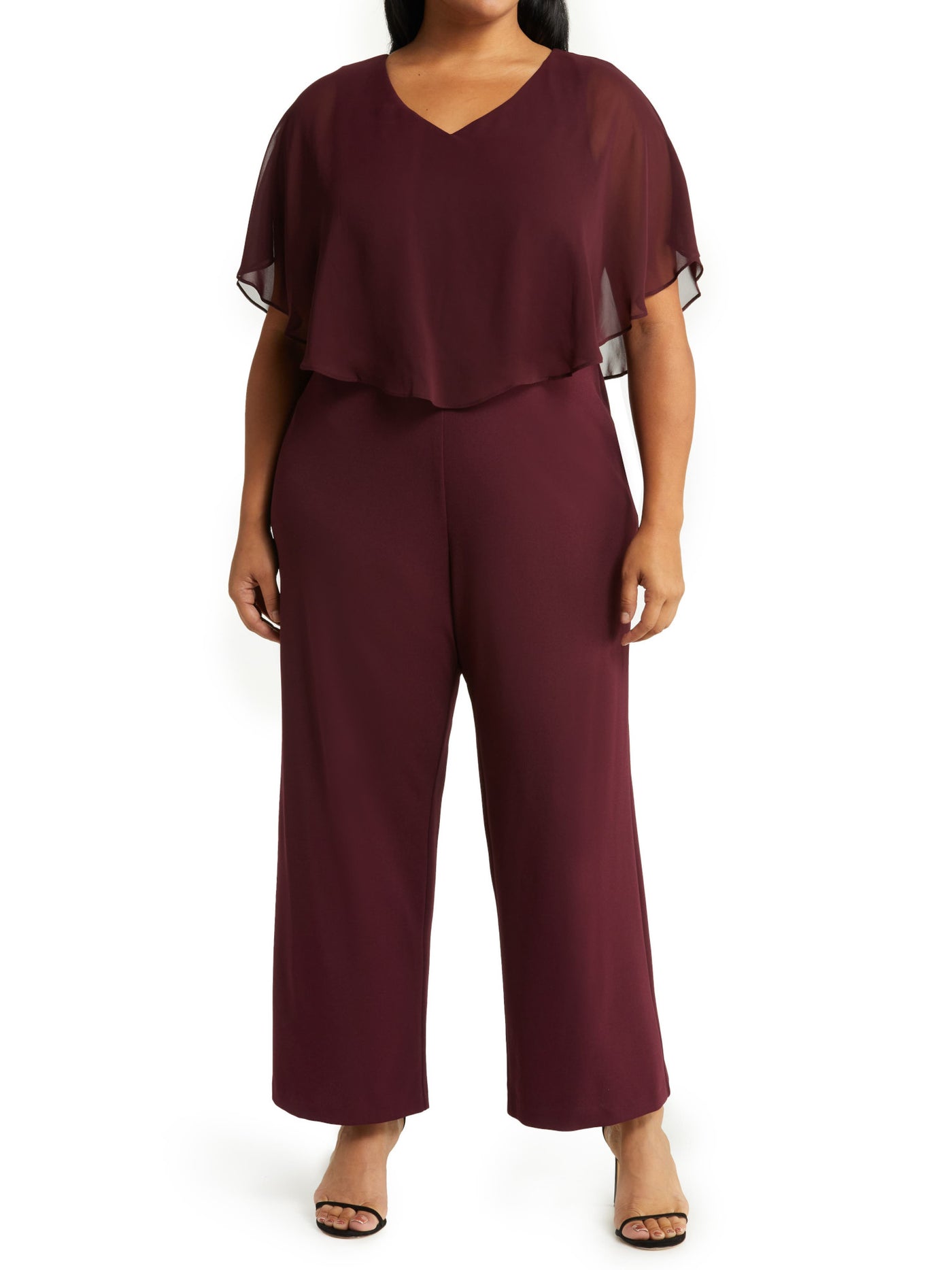 CONNECTED APPAREL Womens Burgundy Zippered Sheer Overlay Flutter Sleeve V Neck Party Wide Leg Jumpsuit Plus 24W