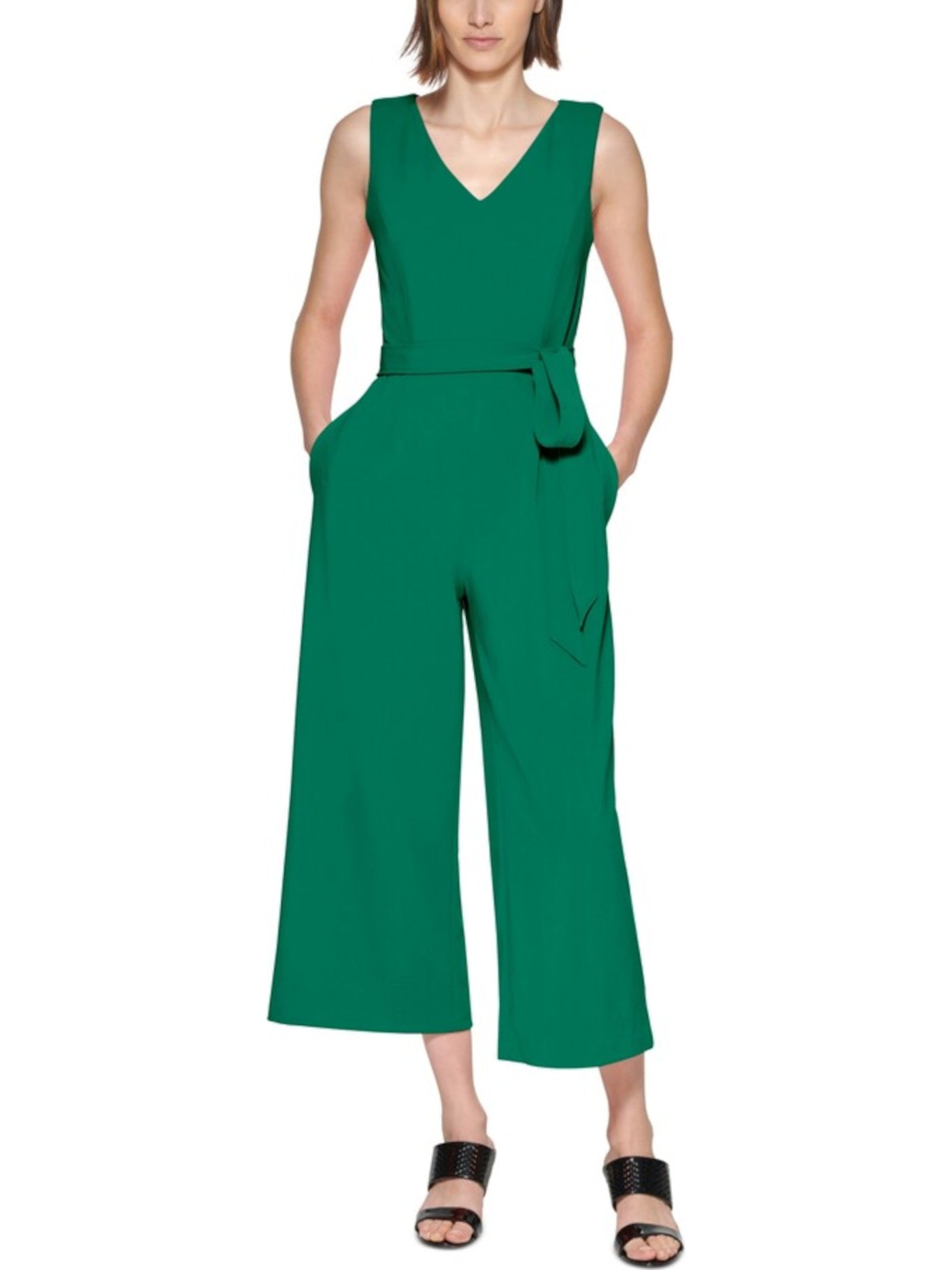 CALVIN KLEIN Womens Green Zippered Pocketed Pleated Tie-belt Cropped Sleeveless V Neck Straight leg Jumpsuit 6