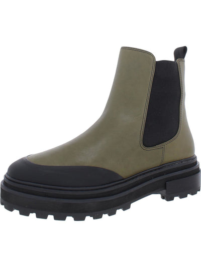 AQUA Womens Green 1-1/2" Platform Goring Lug Sole Mud Guard Round Toe Block Heel Leather Booties 5.5 B