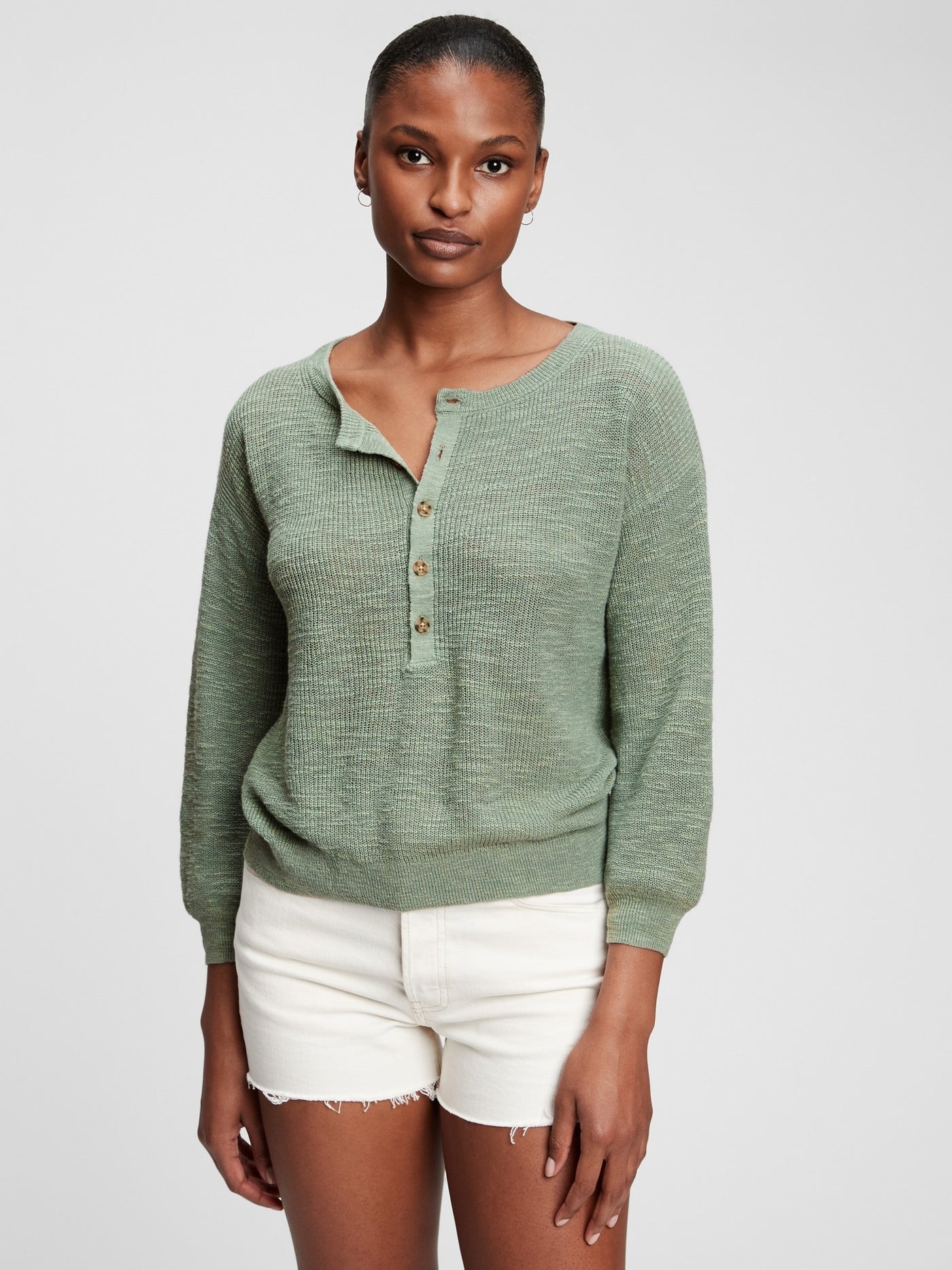 GAP Womens Green Knit Ribbed 5-button Placket Heather Long Sleeve Round Neck Henley Sweater S