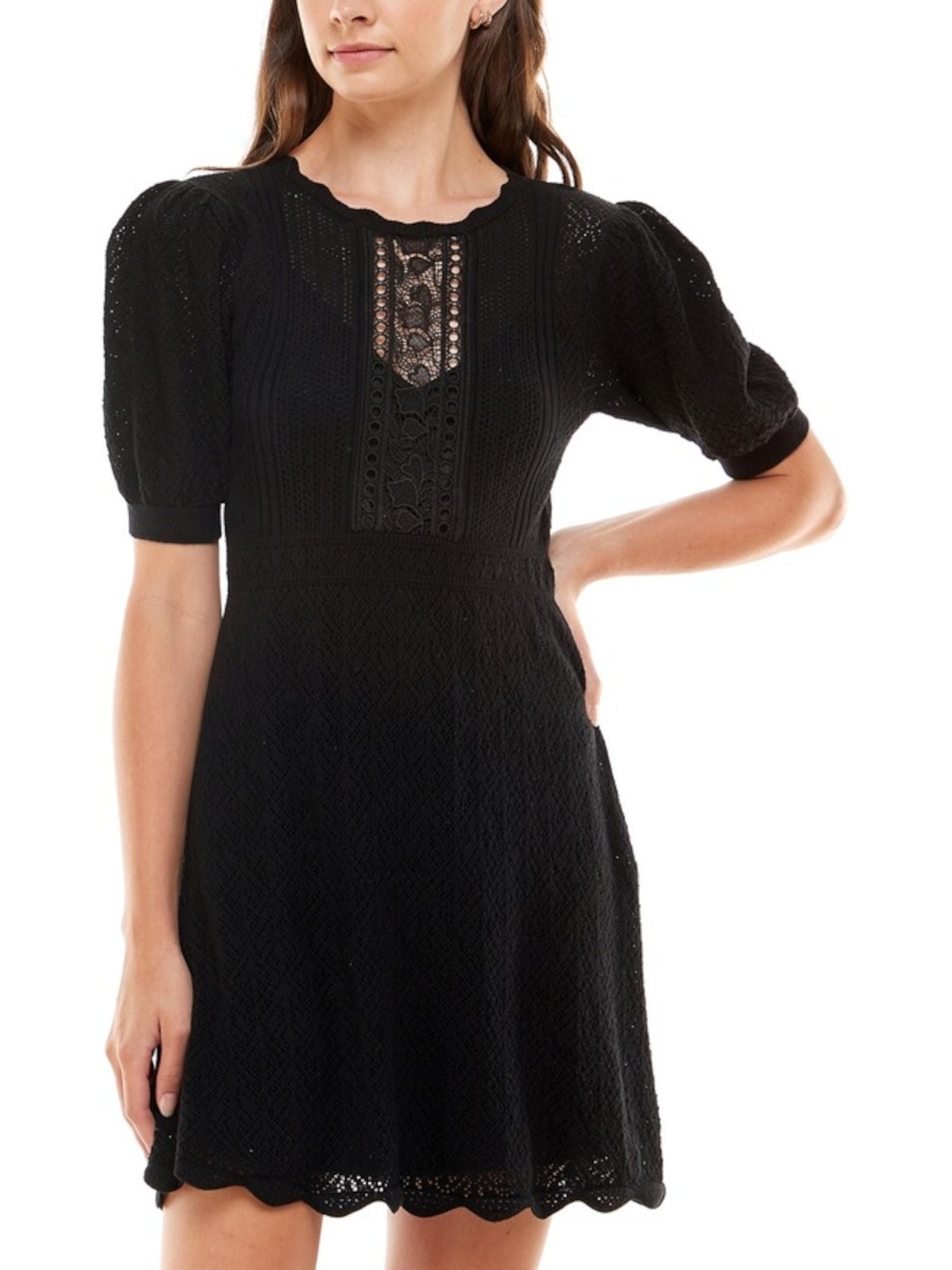 CRYSTAL DOLLS Womens Black Ribbed Scalloped Lined Pouf Sleeve Jewel Neck Short Sheath Dress XS