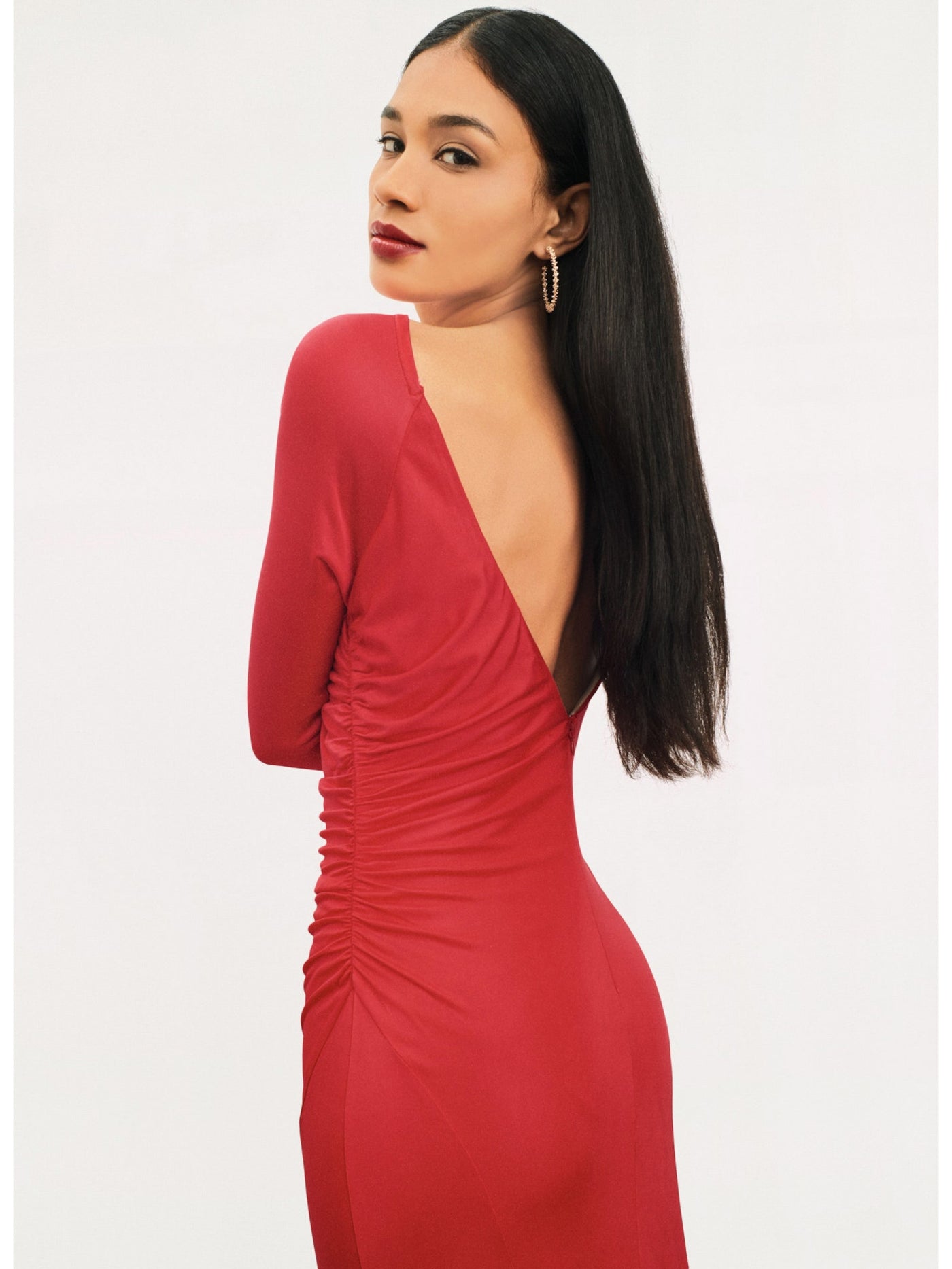 DONNA KARAN NEW YORK Womens Red Zippered Ruched Deep V-back Lined Boat Neck Full-Length Evening Gown Dress 2