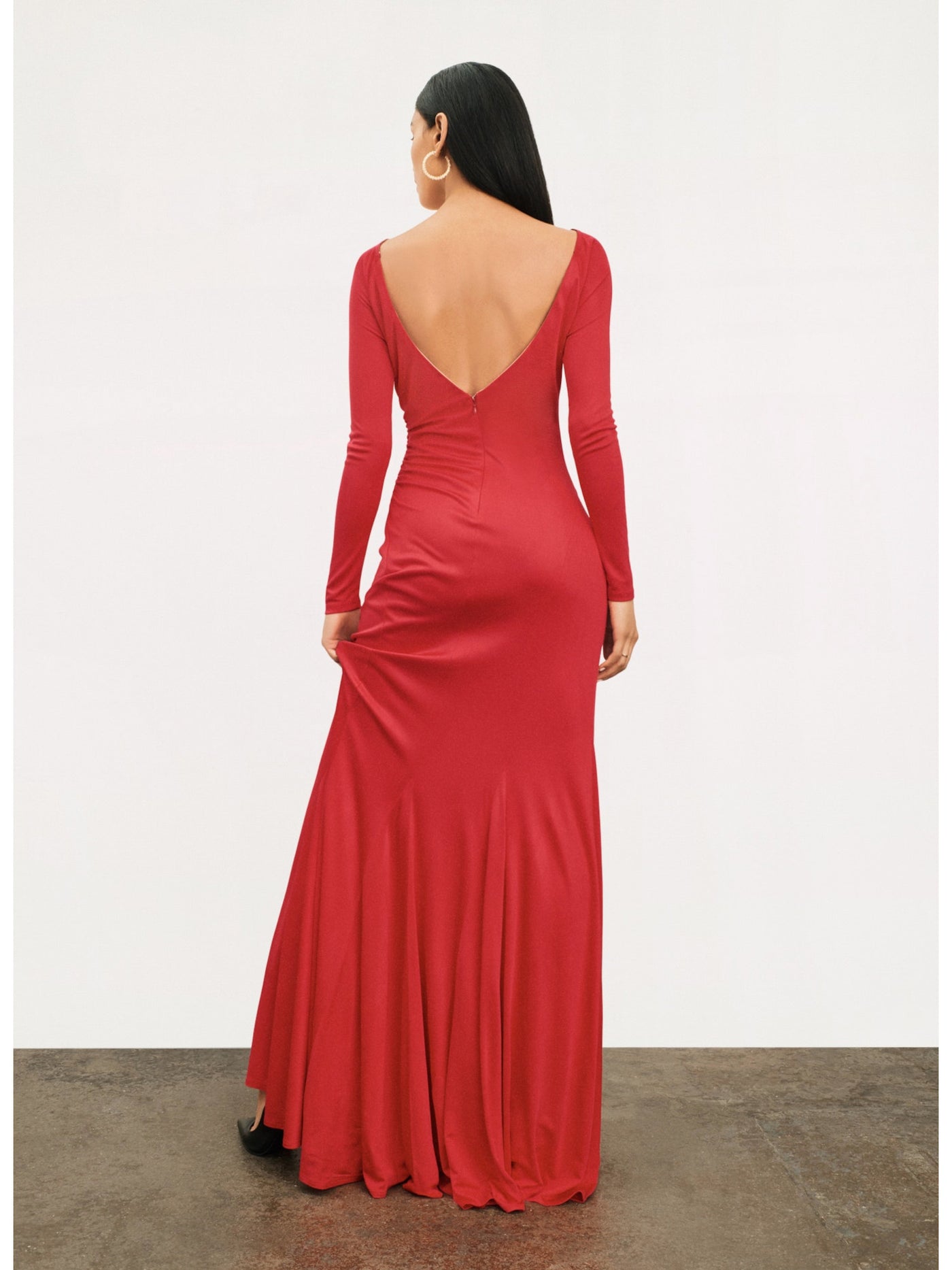 DONNA KARAN NEW YORK Womens Red Zippered Ruched Deep V-back Lined Boat Neck Full-Length Evening Gown Dress 2