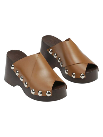 GANNI Womens Brown 1-1/2" Wood-Grain Platform Studded Round Toe Wedge Slip On Leather Slide Sandals Shoes 38