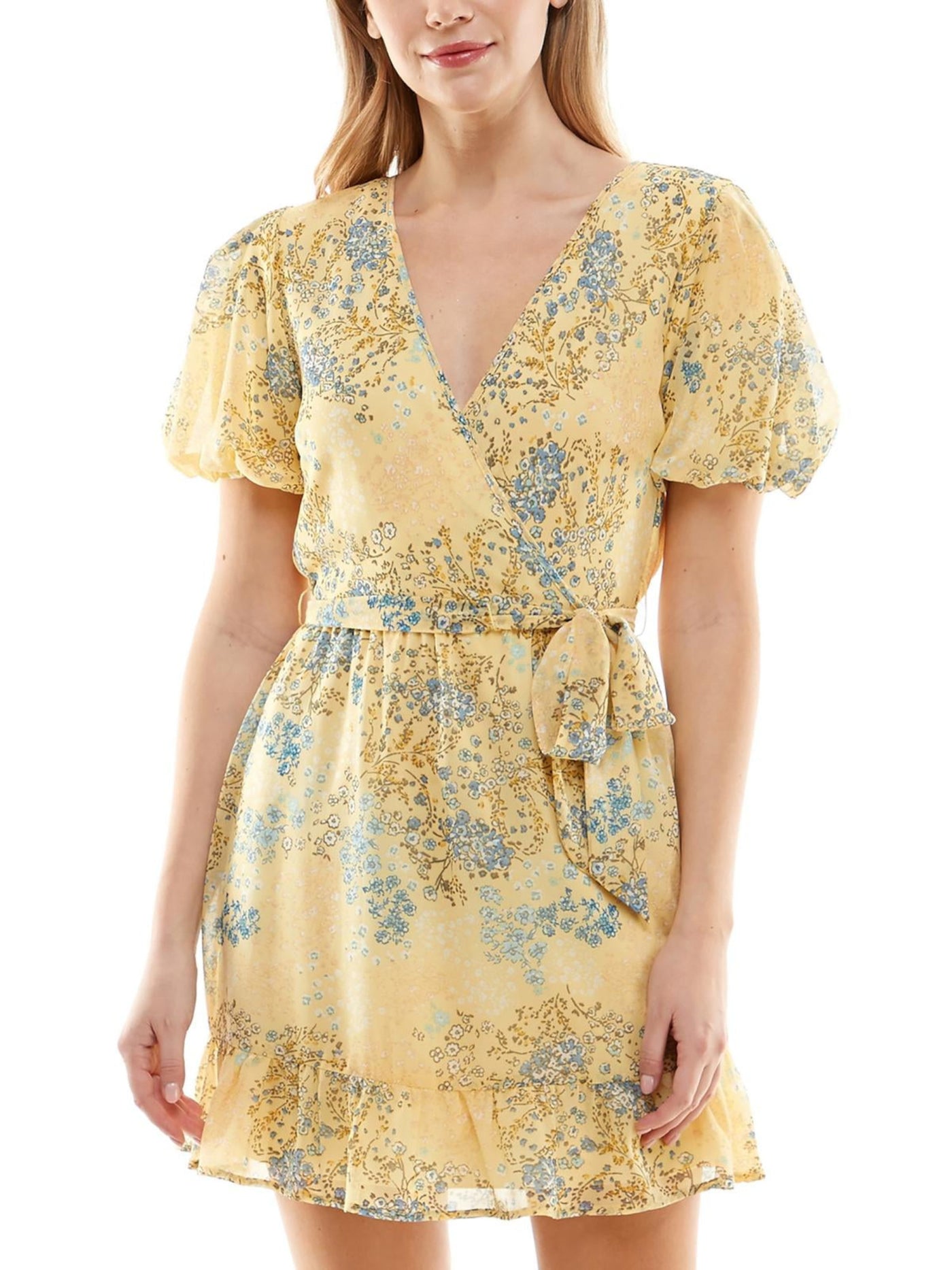SPEECHLESS Womens Yellow Tie Lined Ruffle Pullover Floral Pouf Sleeve Surplice Neckline Short Fit + Flare Dress Juniors XXS