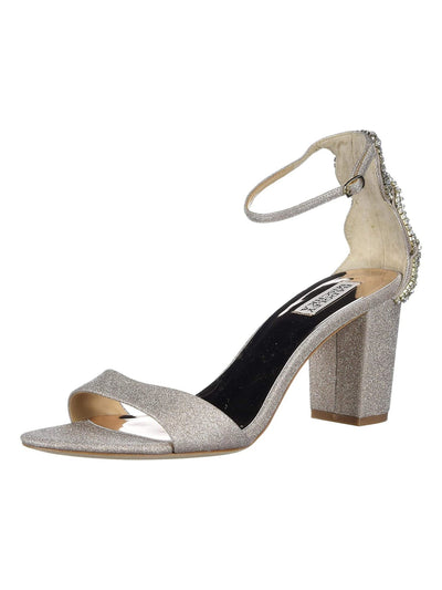 BADGLEY MISCHKA Womens Champagne Beige Crystal Back Glitter Ankle Strap Zabella Almond Toe Block Heel Buckle Dress Sandals Shoes 8