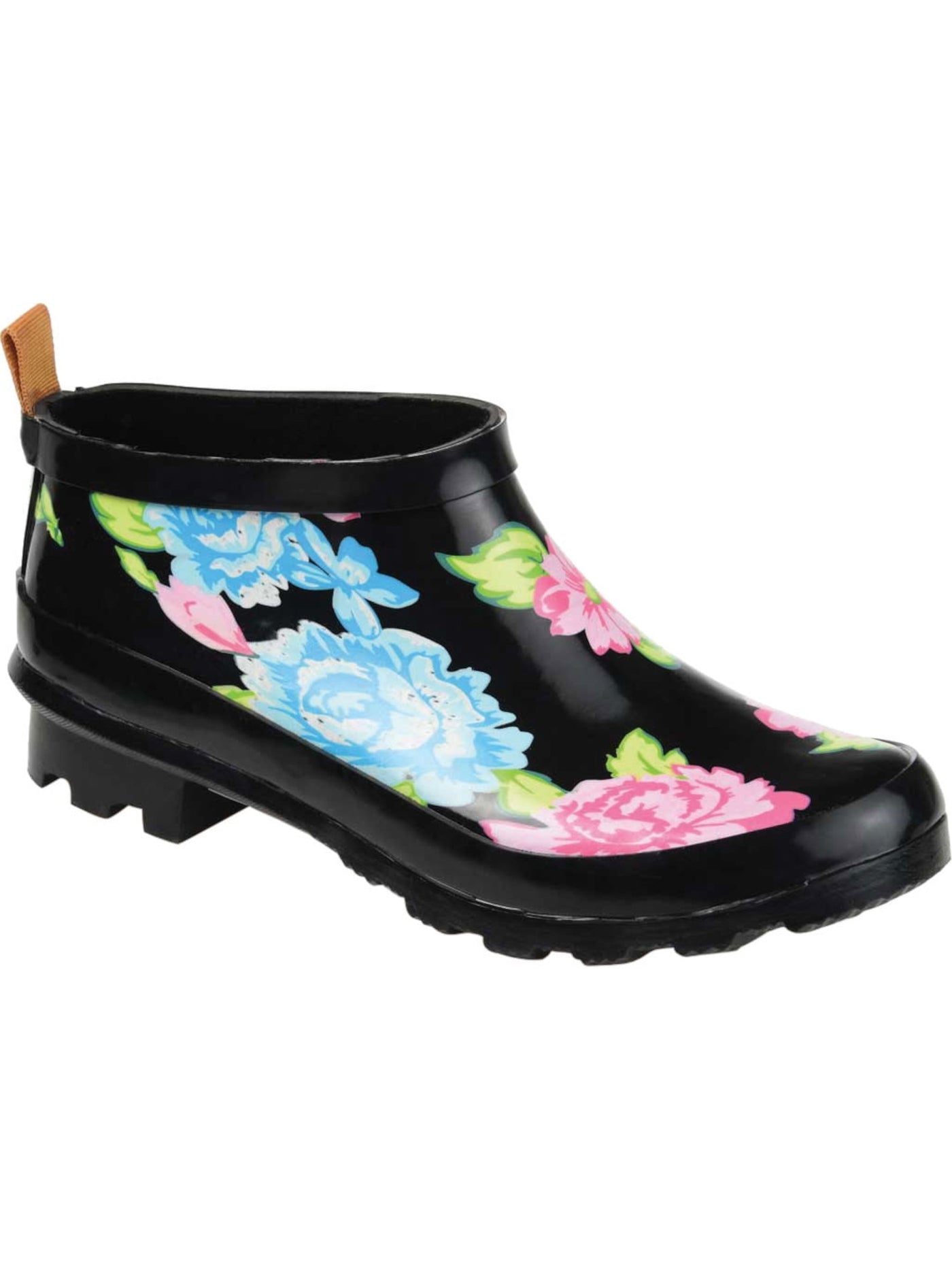 JOURNEE COLLECTION Womens Black Floral Padded Water Resistant Lug Sole Rainer Round Toe Block Heel Slip On Rain Boots 10