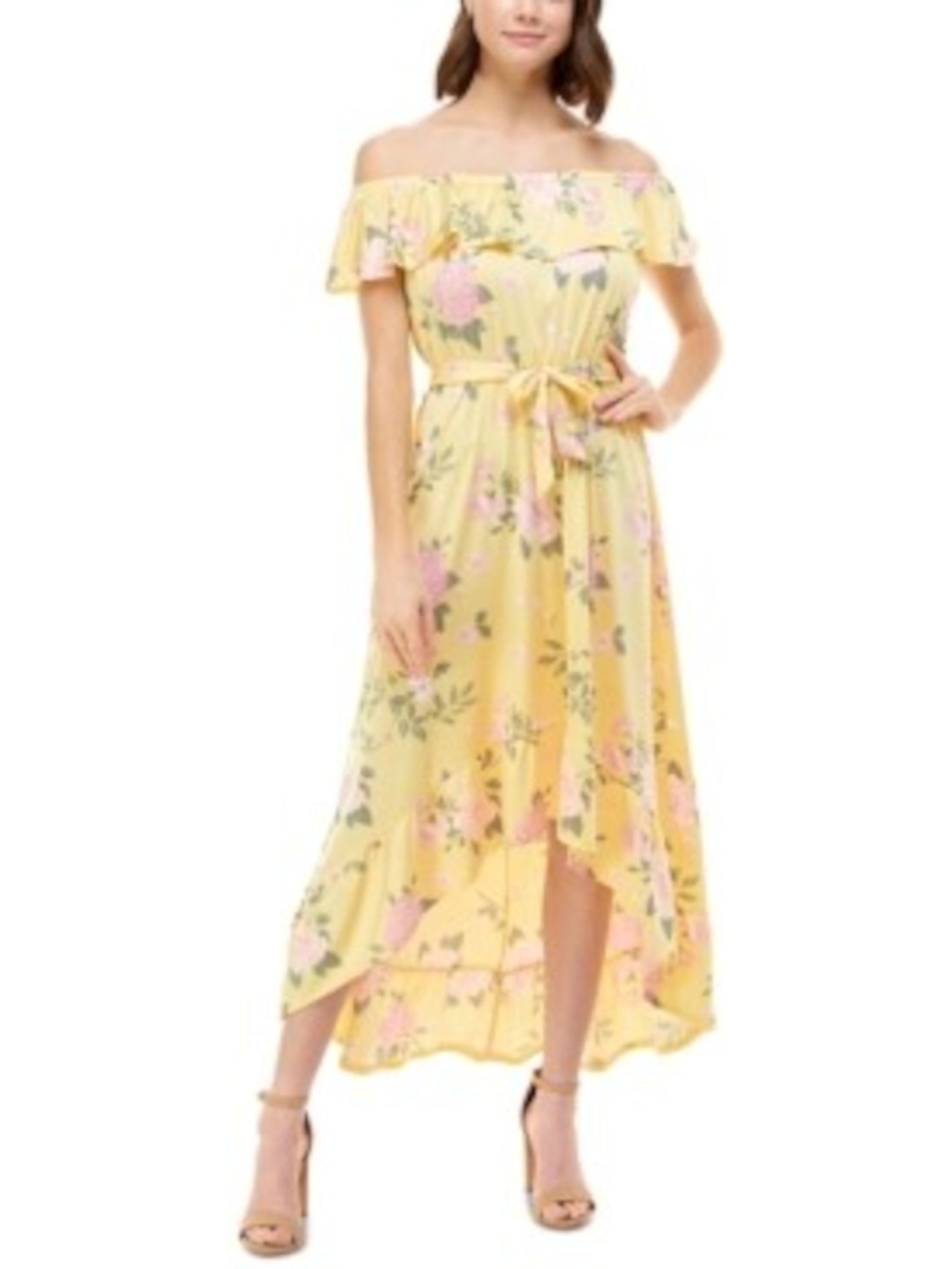 DEREK HEART Womens Yellow Stretch Ruffled Elastic Waist Self-tie Belt Floral Flutter Sleeve Off Shoulder Maxi Party Hi-Lo Dress XL