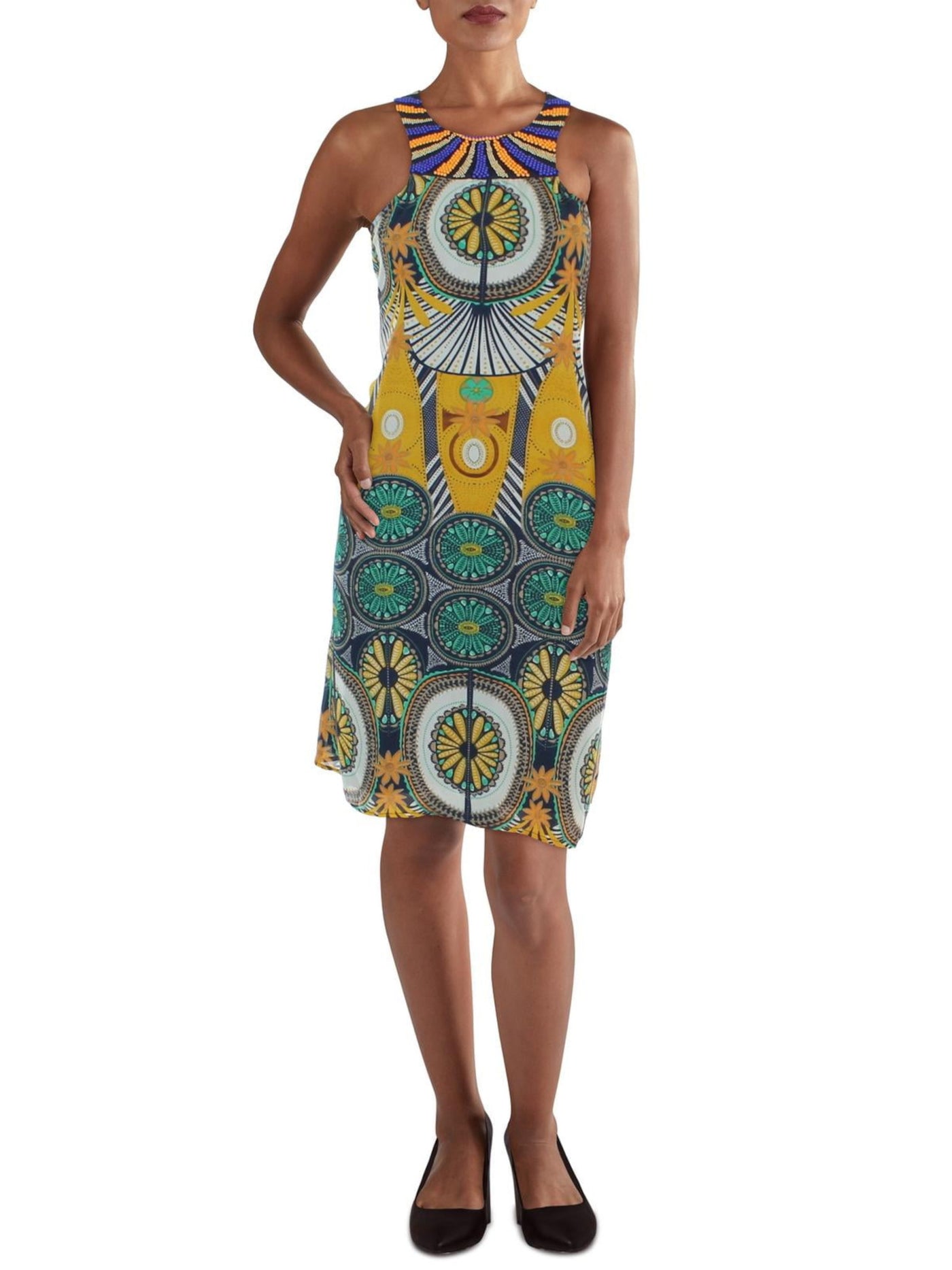 KAS NEW YORK Womens Navy Beaded Sheer Lined Keyhole Closure Floral Sleeveless Round Neck Knee Length Wear To Work Shift Dress S