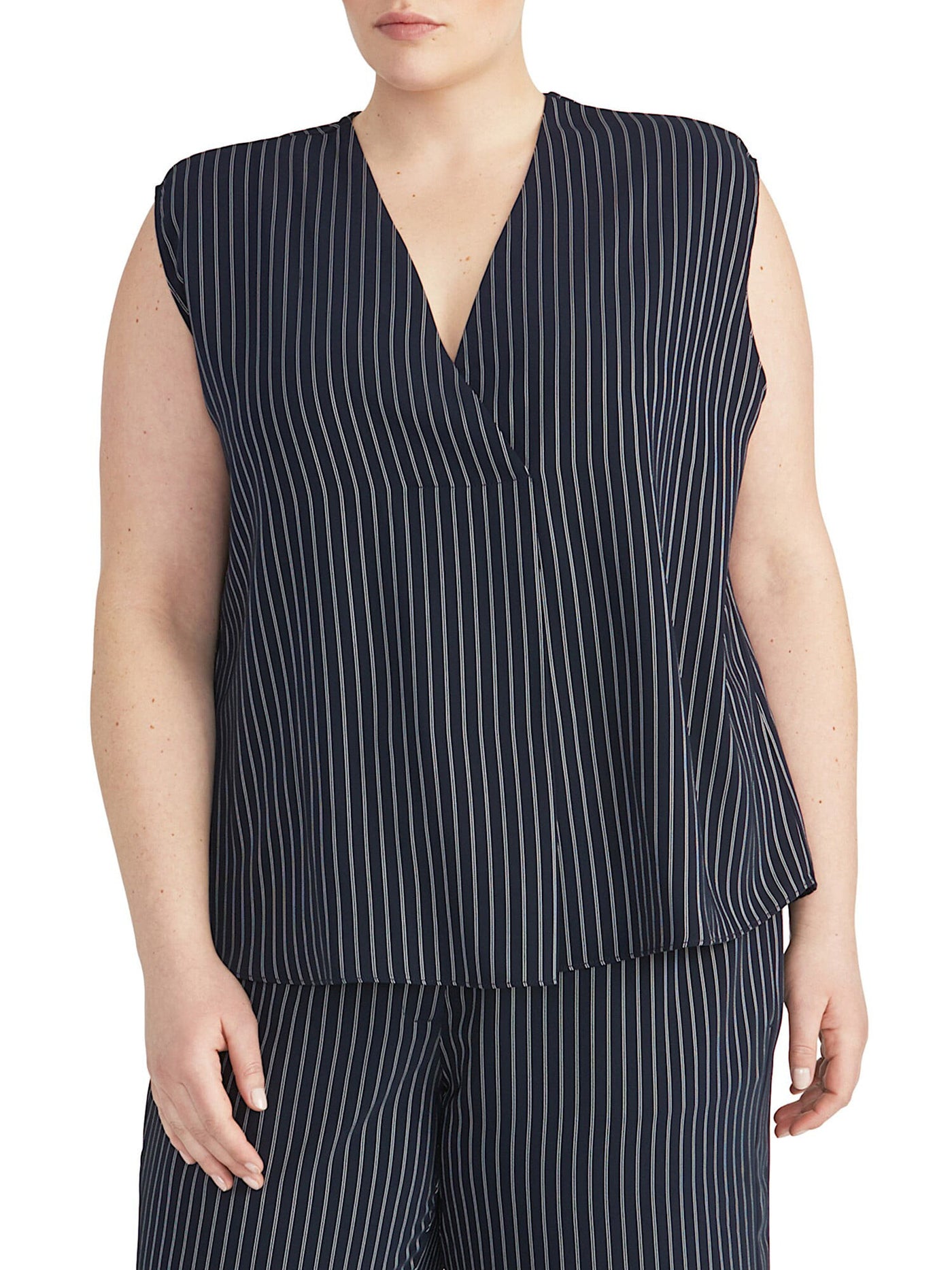 RACHEL RACHEL ROY Womens Navy Pinstripe Sleeveless Surplice Neckline Top Plus 2X