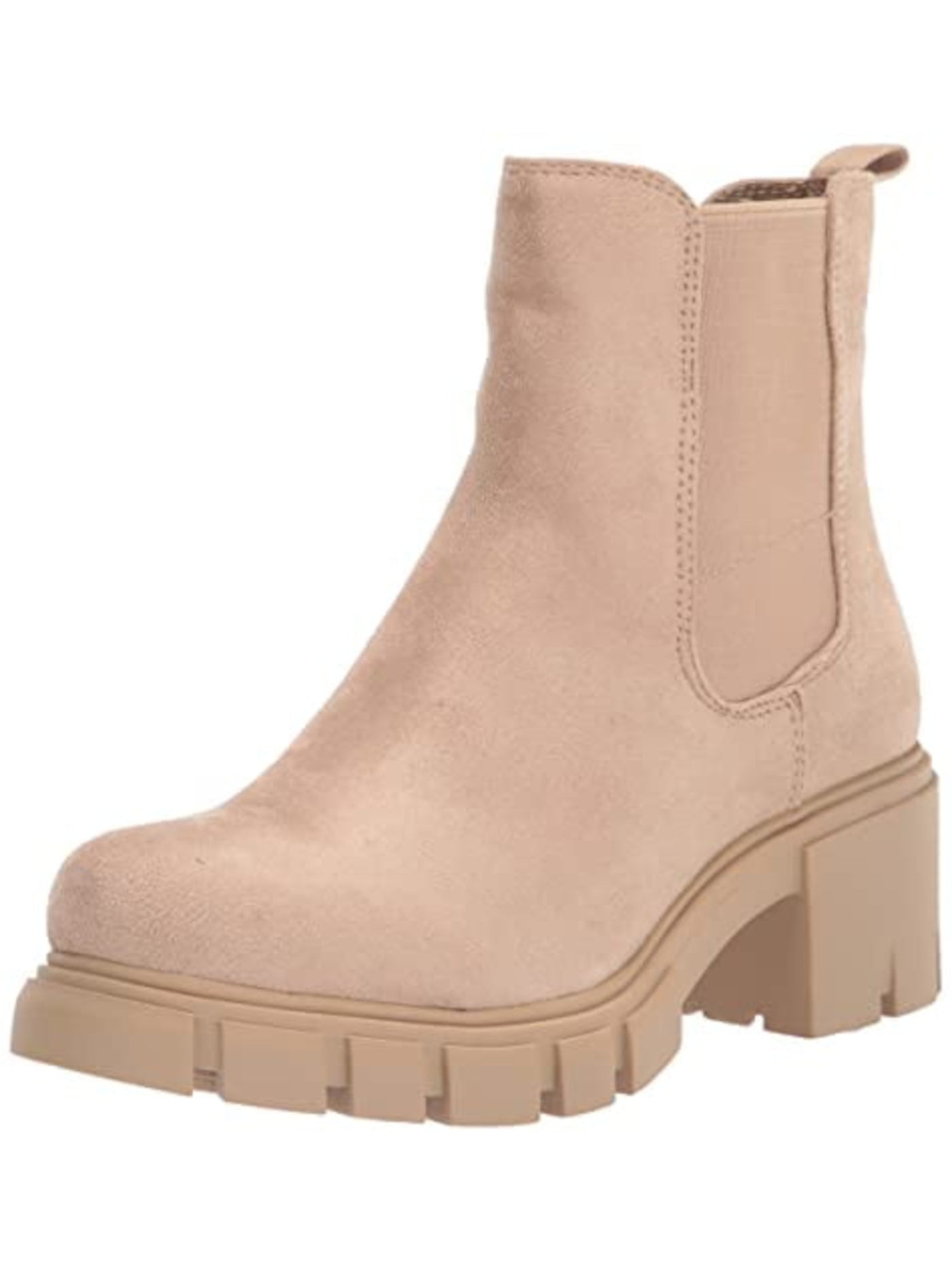 MADDEN GIRL Womens Sand Beige 1" Platform Padded Back Pull-Tab Lug Sole Goring Tessa Round Toe Block Heel Chelsea 8.5 M