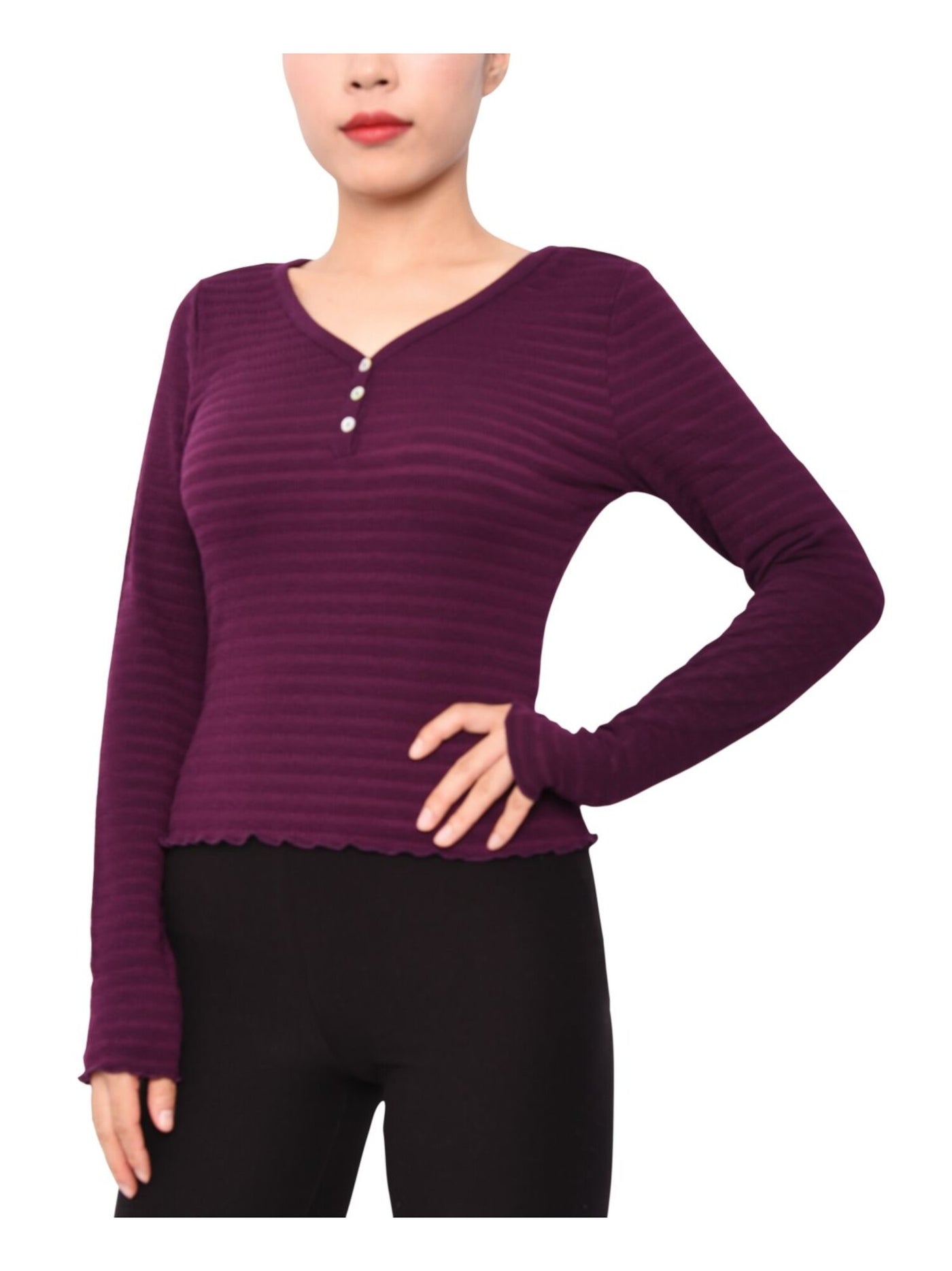 DEREK HEART Womens Purple Stretch Ribbed Scalloped Textured Henley Long Sleeve V Neck Top S