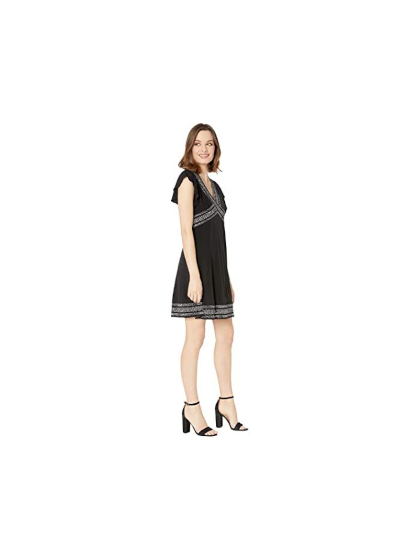 MICHAEL KORS Womens Black Stretch Zippered Flutter V Neck Short Shift Dress XS