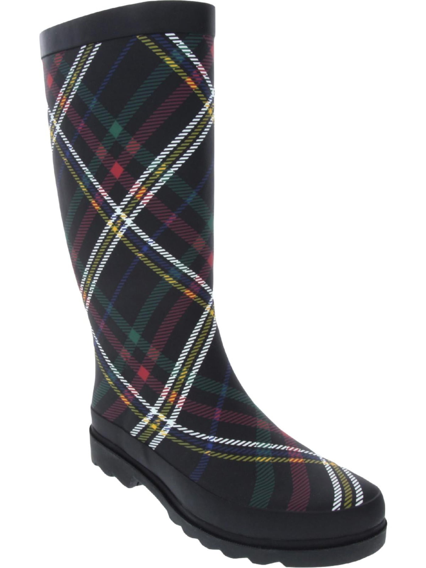 SUGAR Womens Black Plaid 1/2" Platform Raffle Round Toe Block Heel Rain Boots 9 M