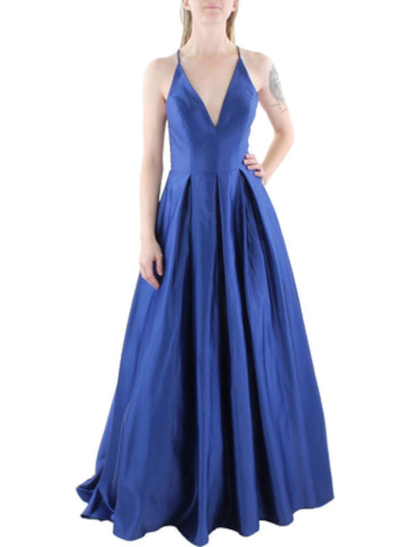 BLONDIE NITES Womens Blue Zippered Pocketed Illusion Strappy Back Bodice Spaghetti Strap V Neck Full-Length Evening Gown Dress 7