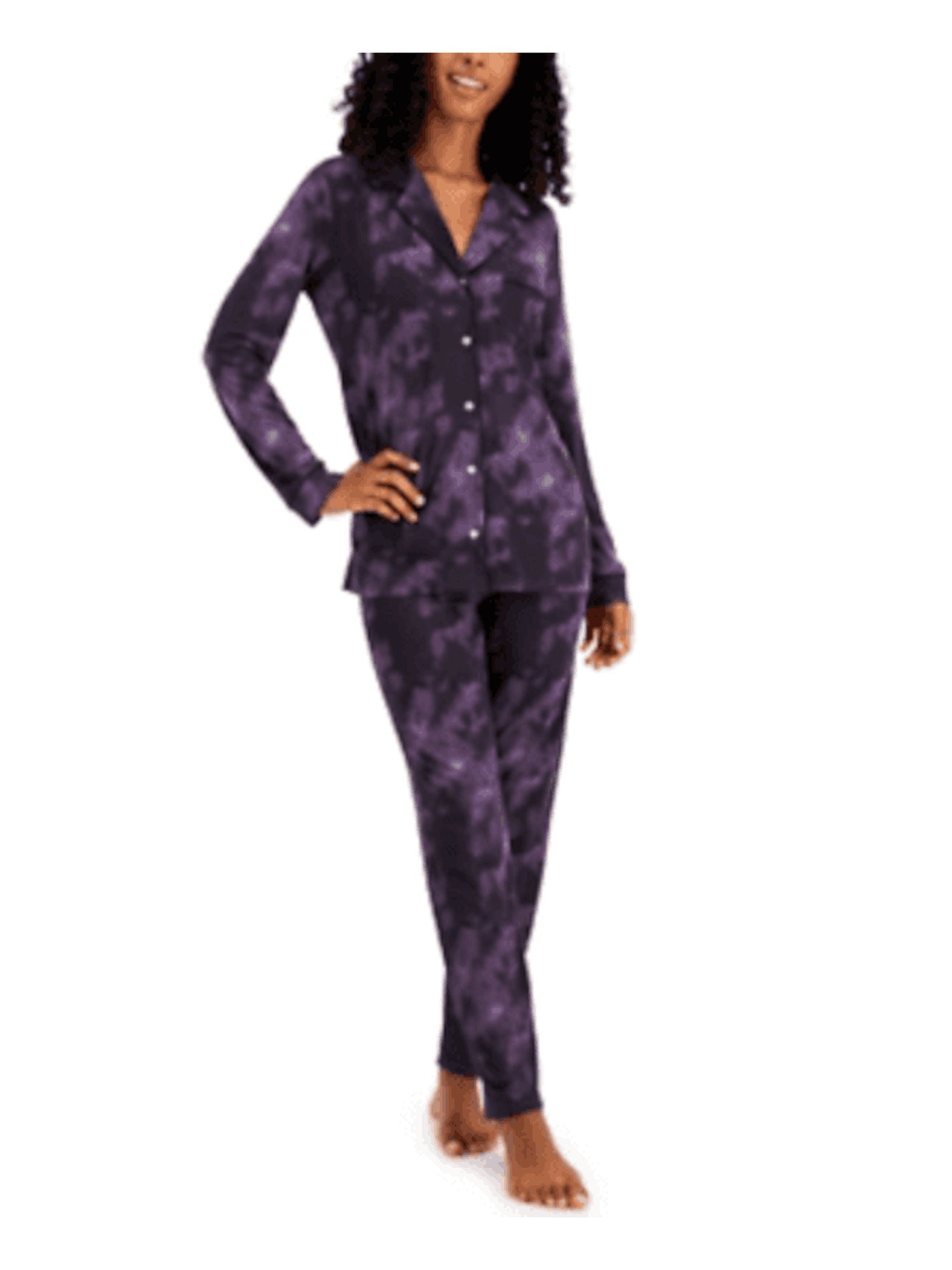 ALFANI Womens Purple Tie Dye Notched Collar Long Sleeve Button Up Top Straight leg Pants Pajamas XS