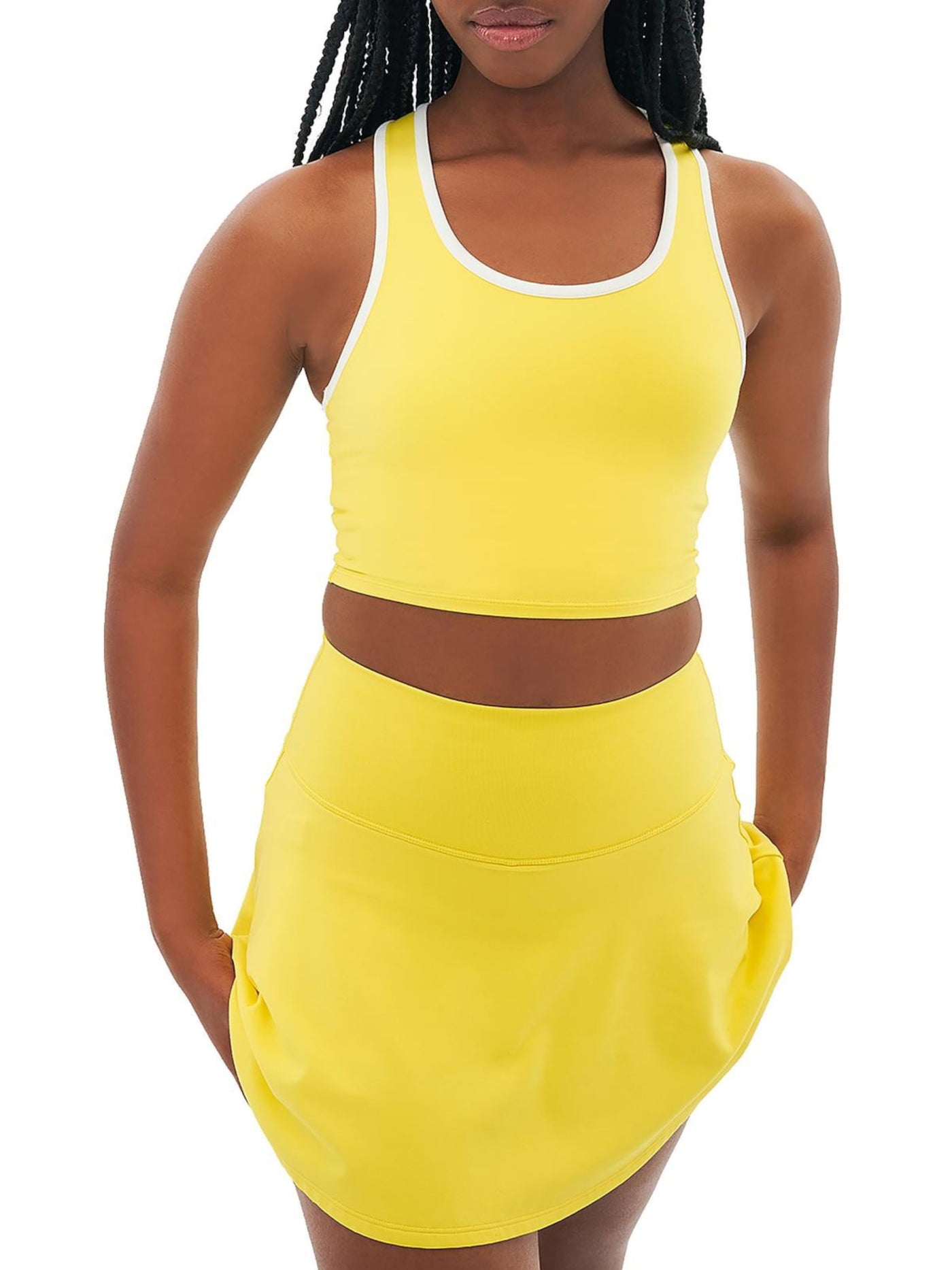 SPLITS 59 Womens Yellow Racerback Built-in Bra Sleeveless Scoop Neck Active Wear Crop Top S