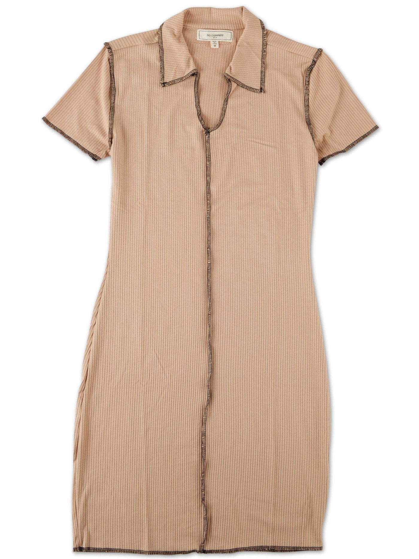 NO COMMENT NY LA Womens Beige Stretch Ribbed Short Sleeve Collared Short Body Con Dress L