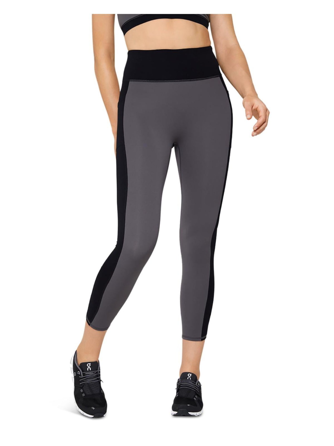 FOURLAPS Womens Gray Pocketed High Compression Color Block Active Wear High Waist Leggings L