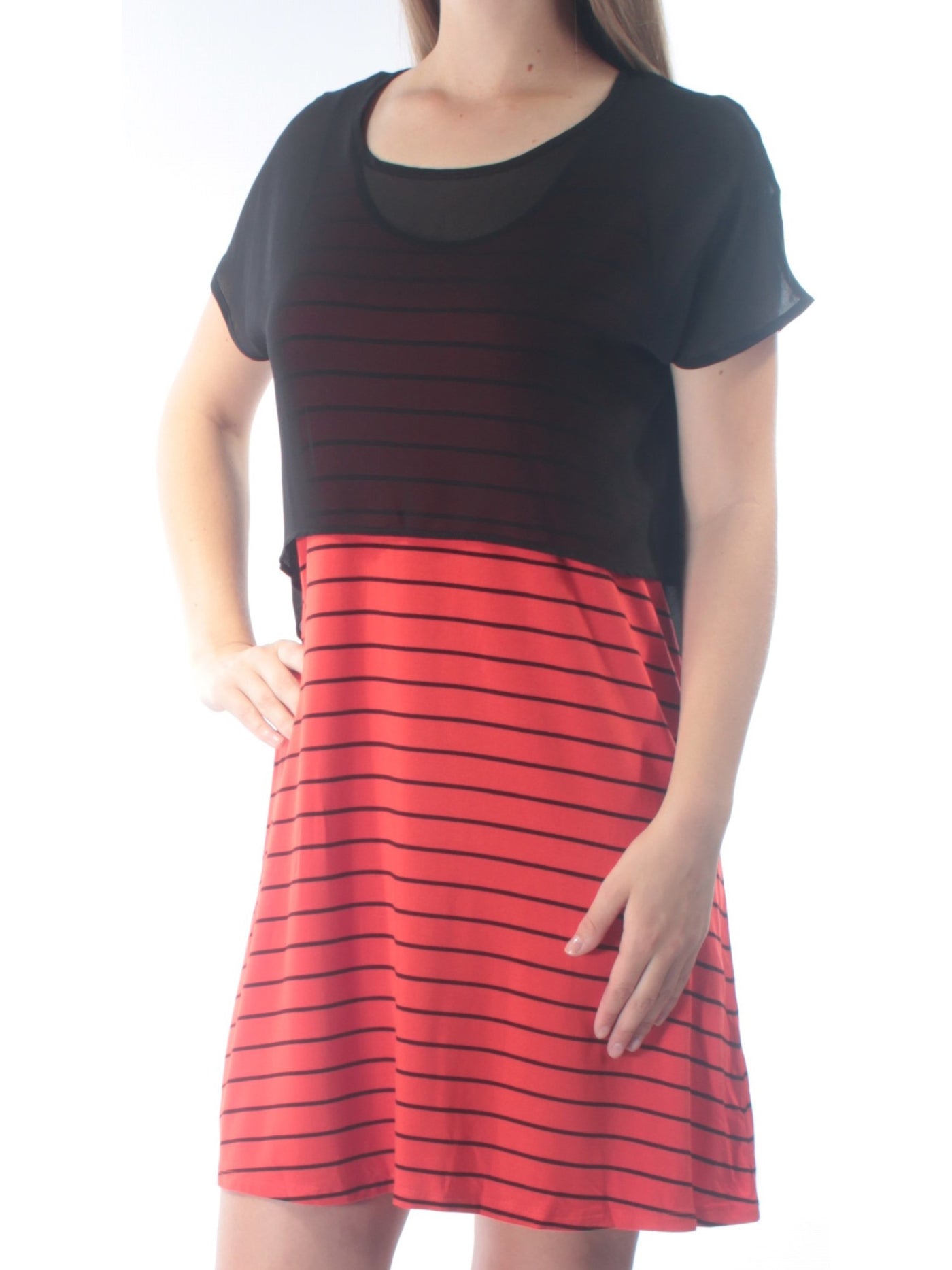 KENSIE Womens Red Striped Sleeveless Jewel Neck Above The Knee Dress M
