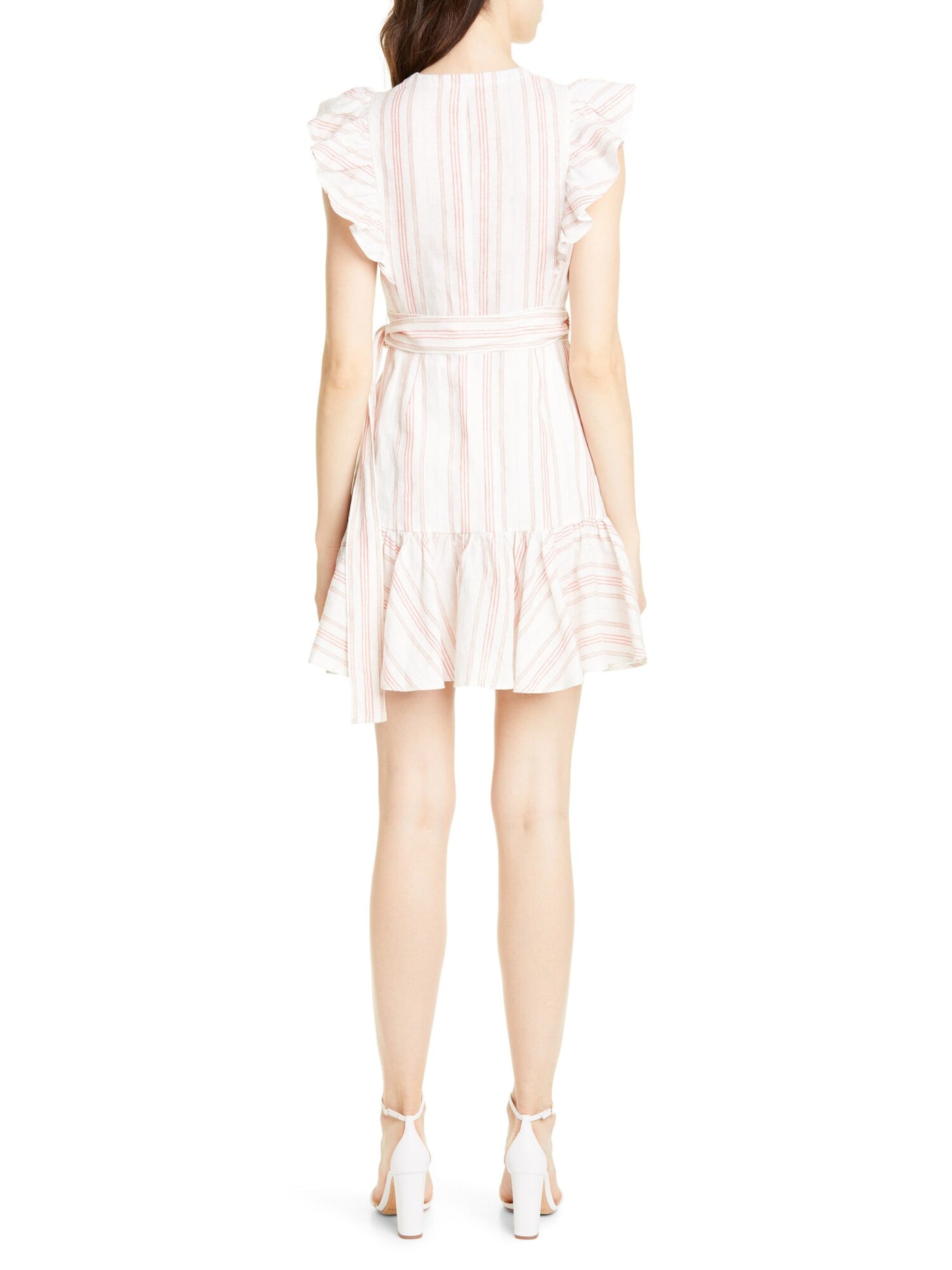 REBECCA TAYLOR Womens Ivory Cotton Tie Ruffled Striped Flutter Sleeve Surplice Neckline Mini Party Wrap Dress 2