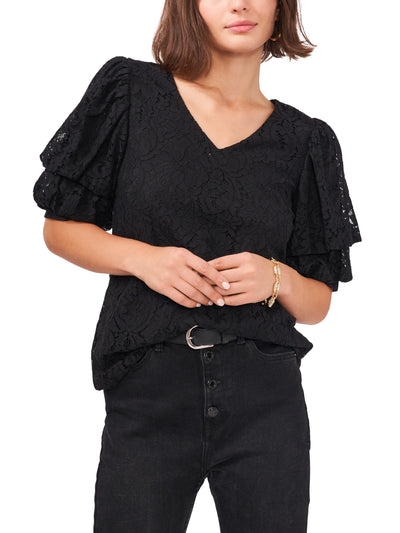 VINCE CAMUTO Womens Black Lace Pouf Sleeve V Neck Top S