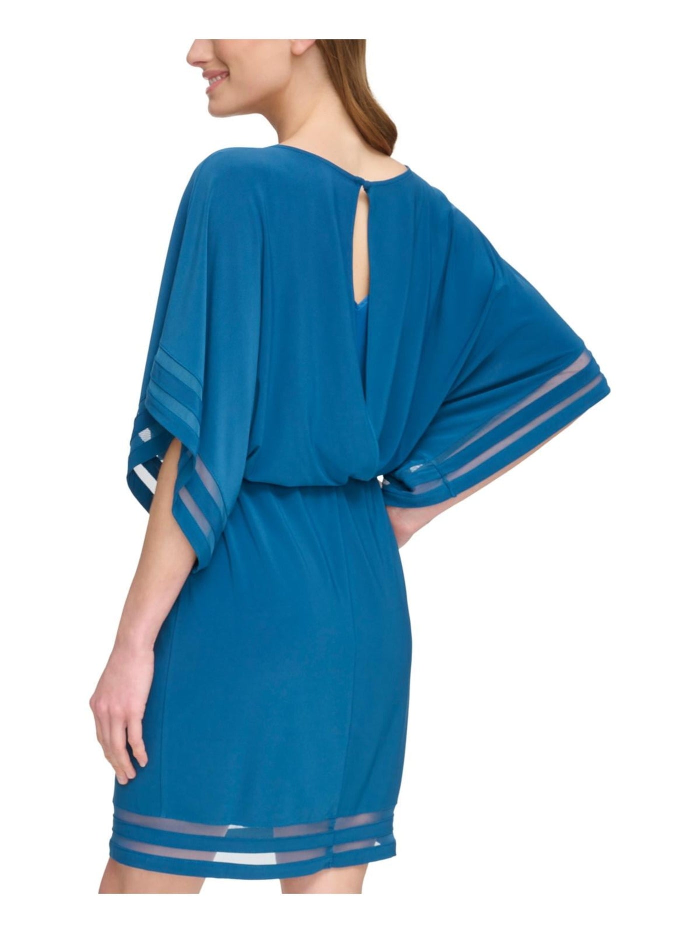 JESSICA HOWARD Womens Teal Lined Illusion Trim Elbow Sleeve Boat Neck Above The Knee Party Blouson Dress 6