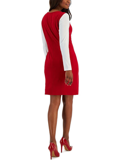 KASPER DRESS Womens Red Cut Out Lined Knot Neck Lined Color Block Long Sleeve Above The Knee Party Body Con Dress XXL