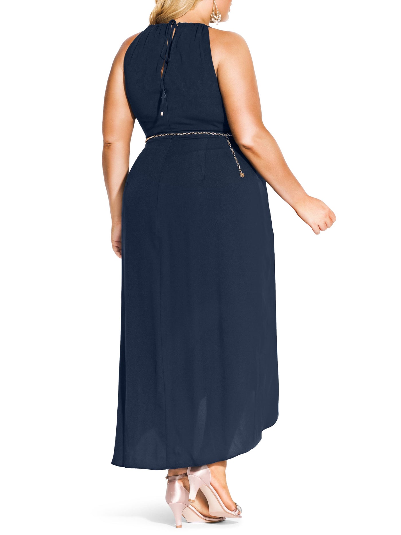 CITY CHIC Womens Navy Pleated Zippered Keyhole Back Chain Jeweled Belt Sleeveless Halter Maxi Party Hi-Lo Dress Plus S