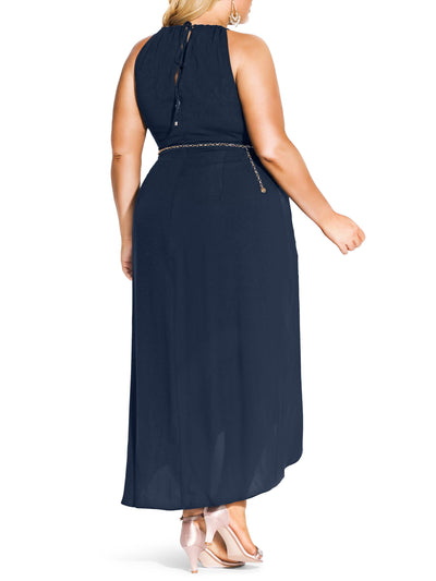 CITY CHIC Womens Navy Pleated Zippered Keyhole Back Chain Jeweled Belt Sleeveless Halter Maxi Party Hi-Lo Dress Plus S