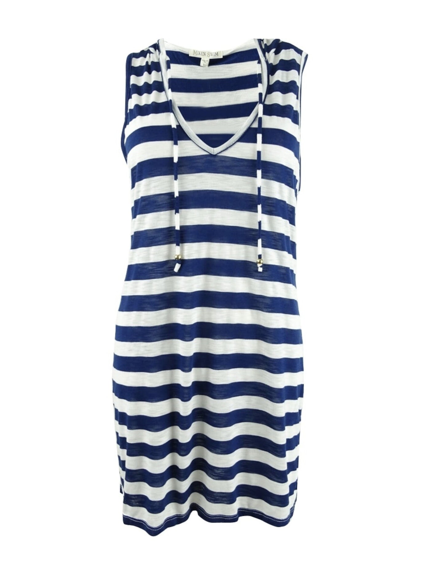 MIKEN Women's Blue Striped Stretch V-Neck Hooded Notched Tie Swimsuit Cover Up 3X