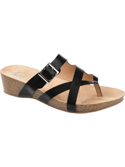 JOURNEE COLLECTION Womens Black 1/2" Platform Crossover Straps Buckle Madrid Round Toe Wedge Slip On Thong Sandals Shoes 7 M