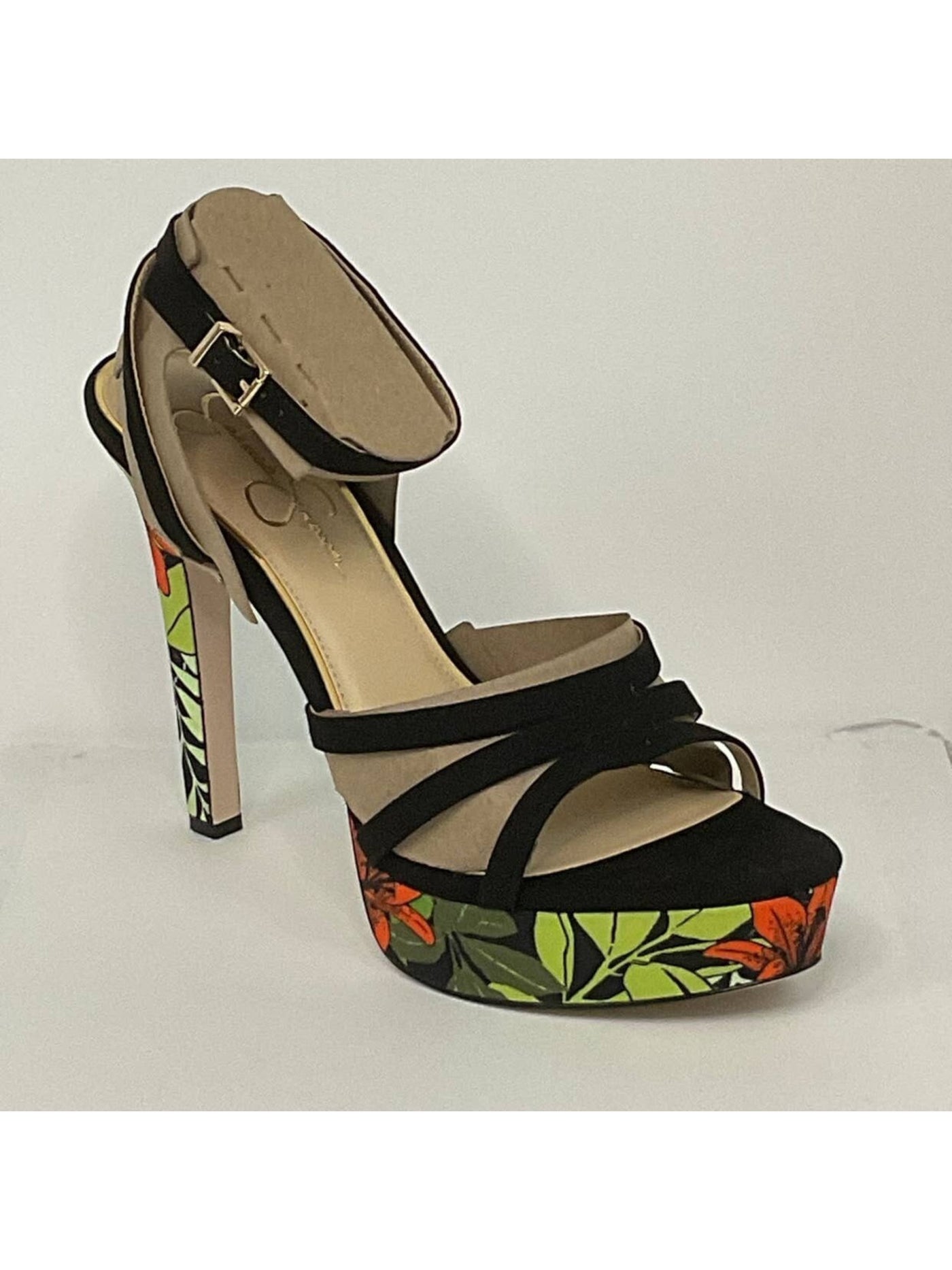 JESSICA SIMPSON Womens Black Floral 1.5 Platform Padded Ankle Strap Balina Round Toe Stiletto Buckle Dress Heeled Sandal 7 M