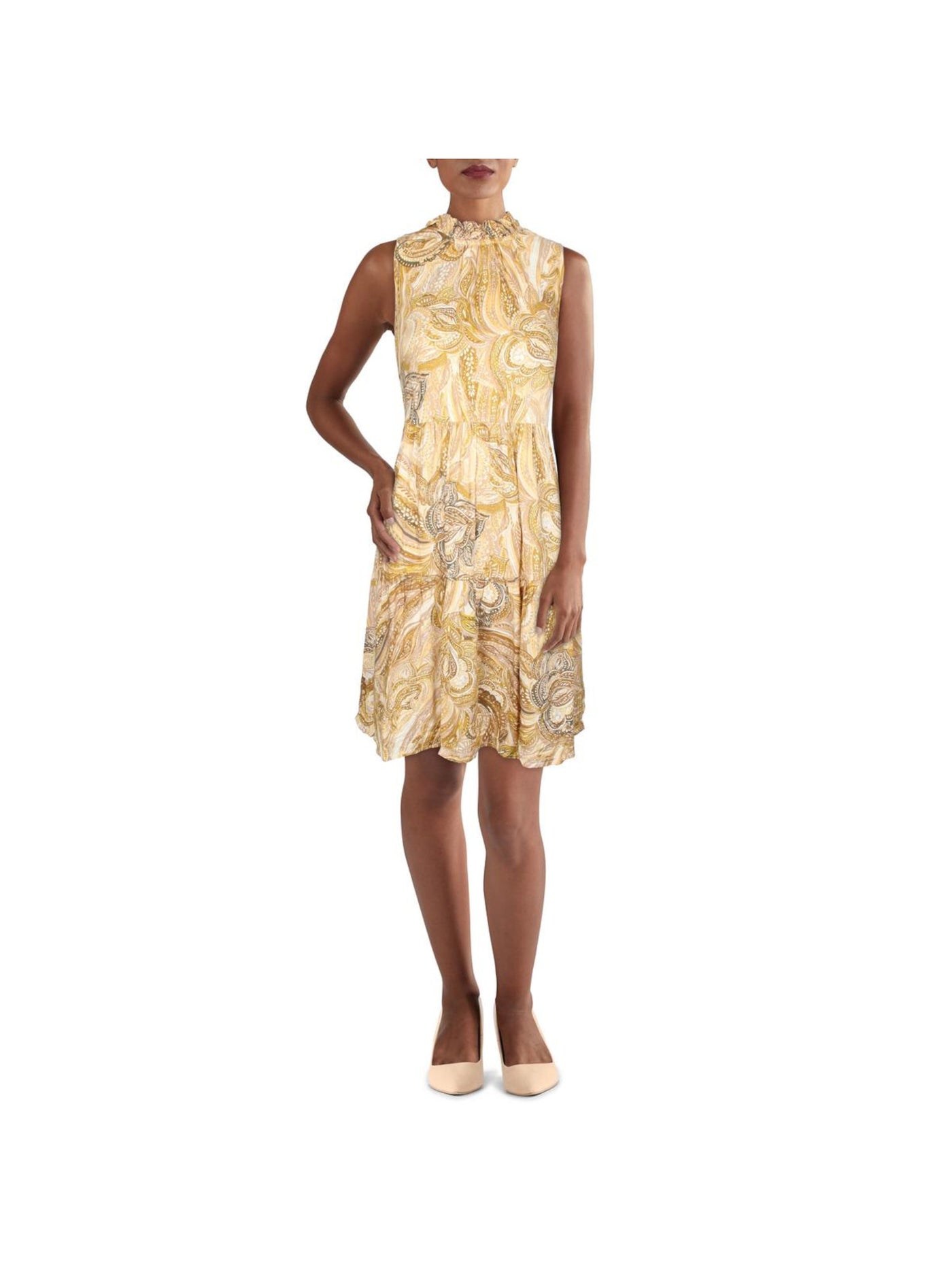 CALVIN KLEIN Womens Yellow Ruffled Unlined Keyhole Back Tiered Paisley Sleeveless Mock Neck Above The Knee Shift Dress 14