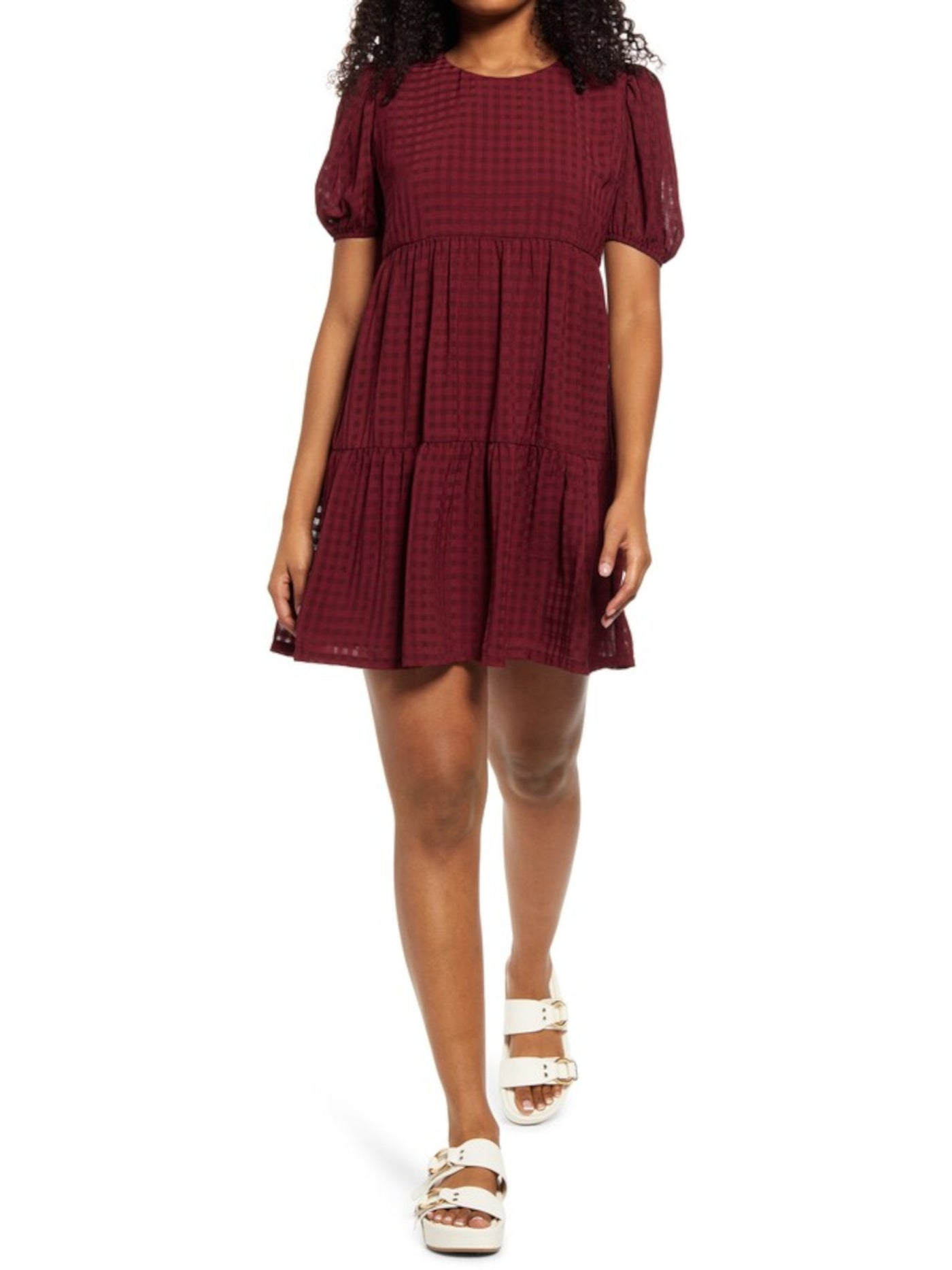 SPEECHLESS Womens Burgundy Pleated Sheer Lined Seersucker Back-keyhole Gingham Short Sleeve Jewel Neck Mini Party Baby Doll Dress XXS