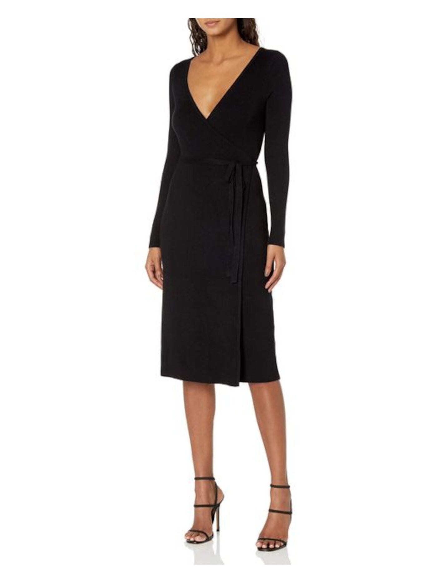 GUESS Womens Black Stretch Tie Ribbed Sweater Wrap Long Sleeve Surplice Neckline Midi Evening Dress M