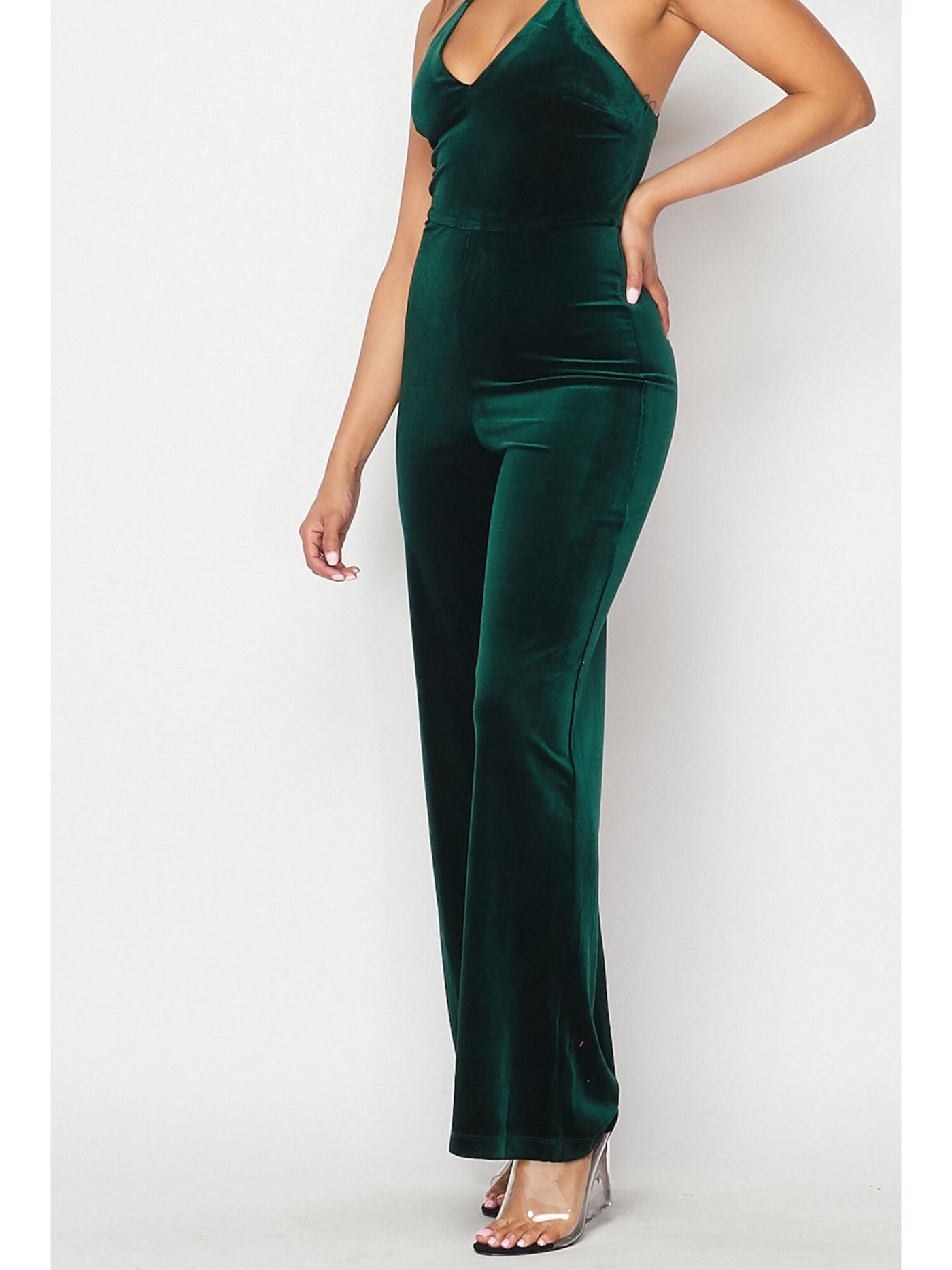 TEEZE ME Womens Green Spaghetti Strap V Neck Wide Leg Jumpsuit 9\10