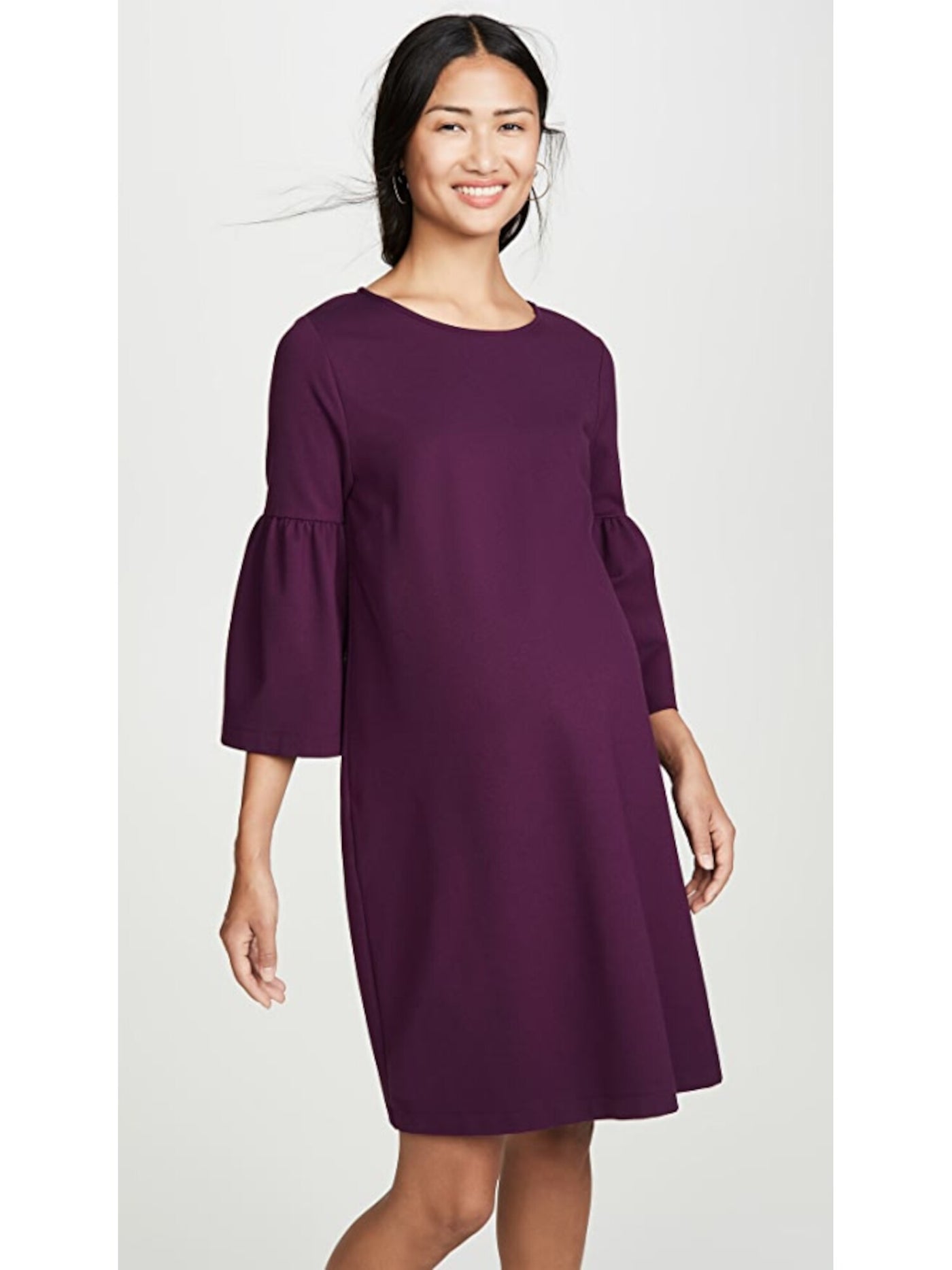 INGRID & ISABEL Womens Purple Knit Darted Bell Sleeve Jewel Neck Above The Knee Shift Dress Maternity M