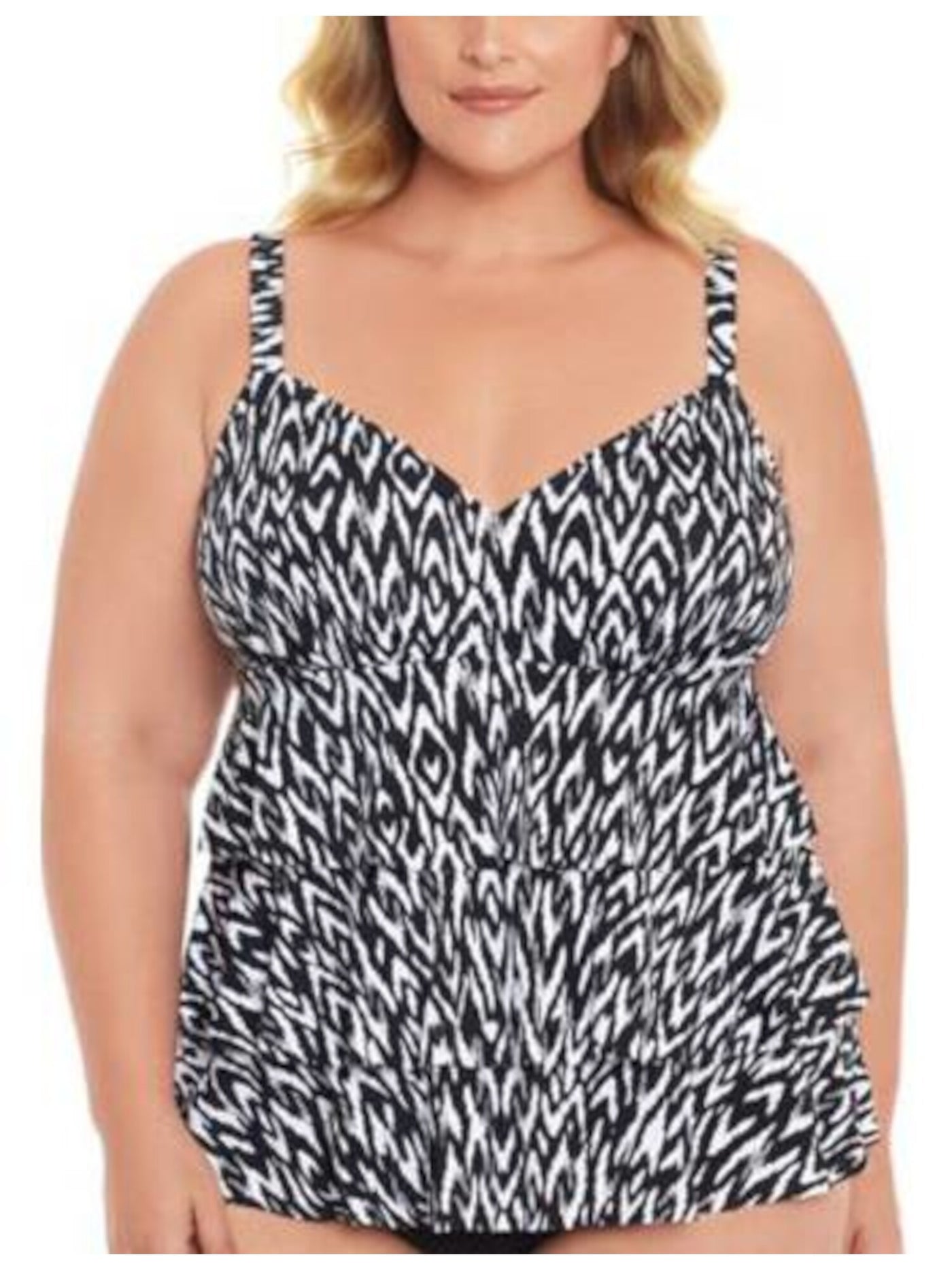 SWIM SOLUTIONS Women's Black Printed Stretch Allover Slimming Adjustable Molded Cups Tiered Full Coverage Deep V Neck One Piece Swimsuit 8